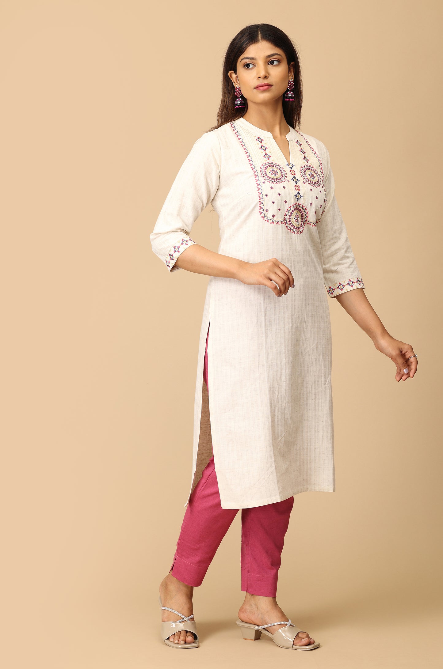 Off White Viscose Embroidery Kurti
