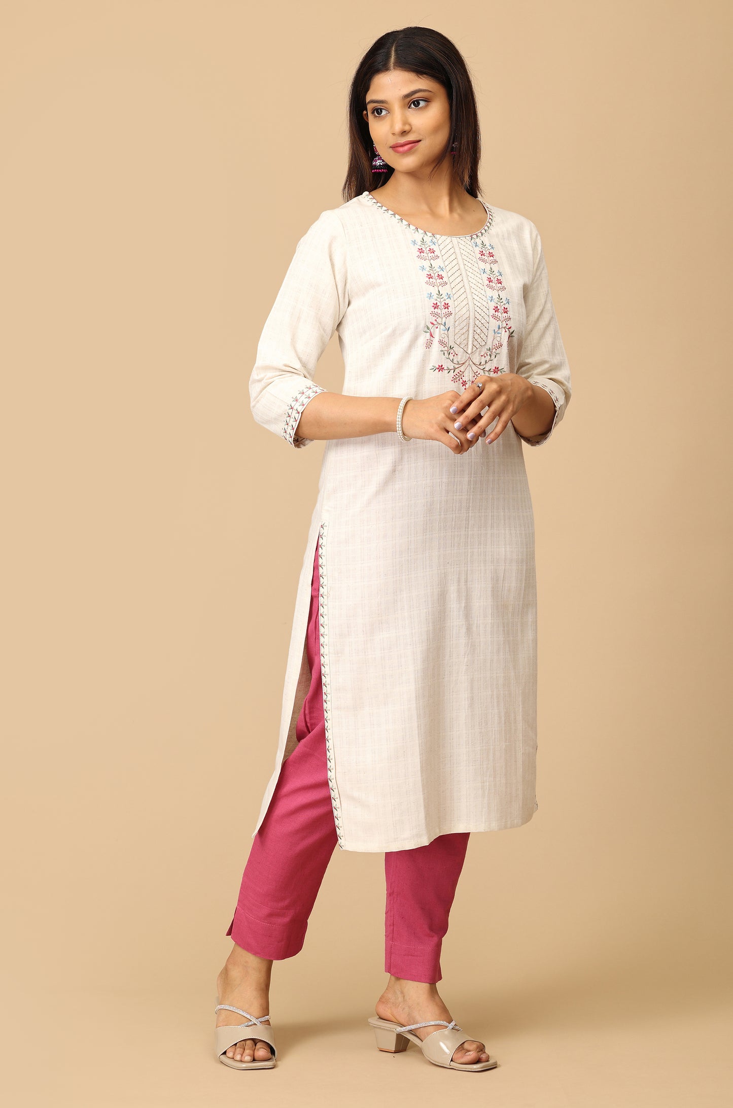 Off White Viscose Embroidery Kurti