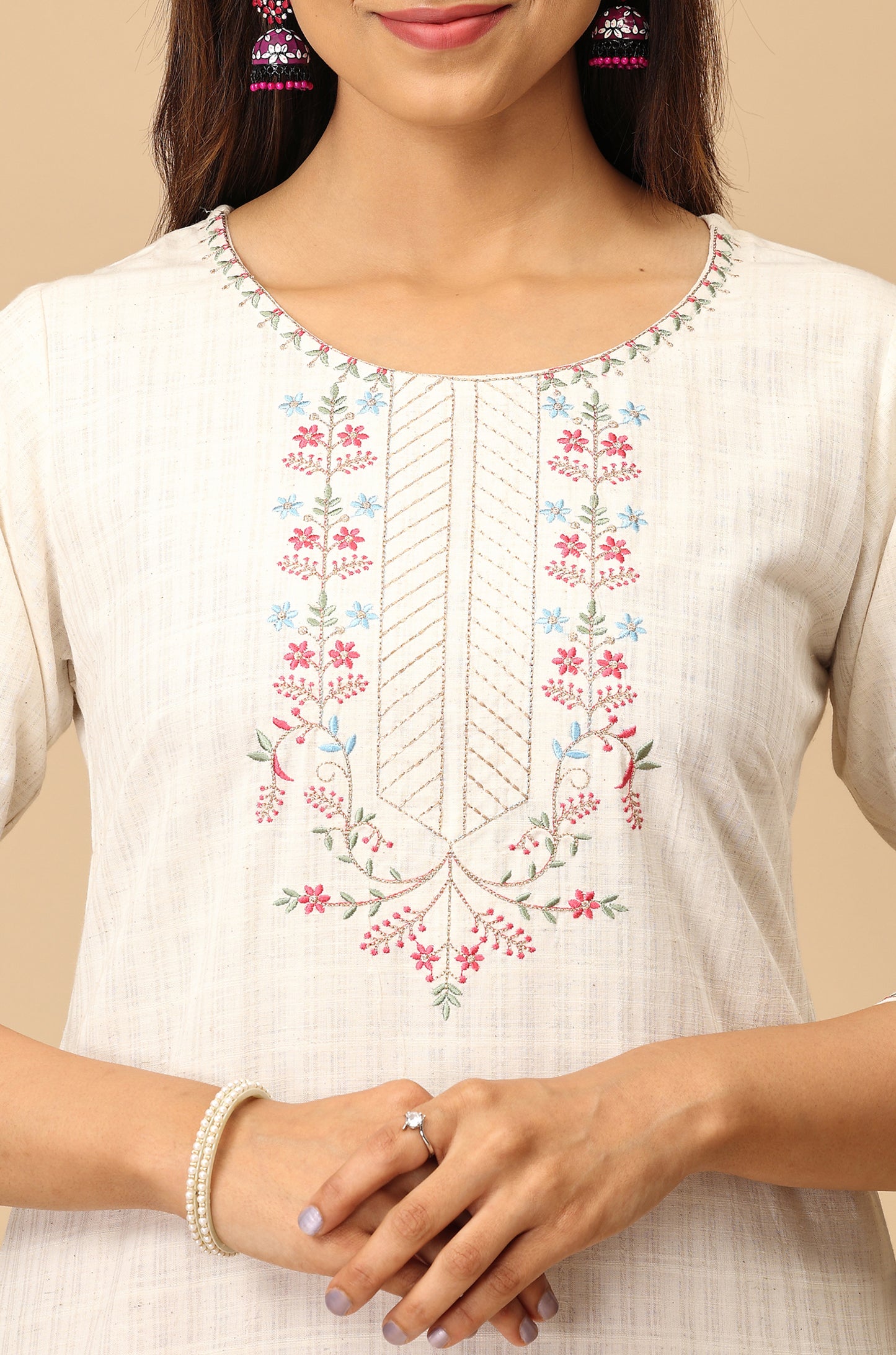 Off White Viscose Embroidery Kurti