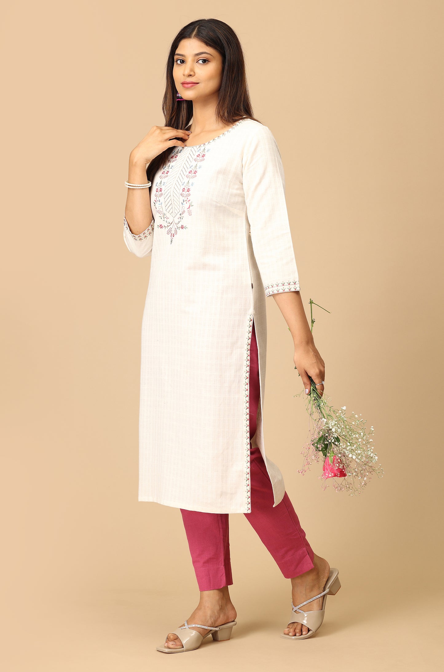Off White Viscose Embroidery Kurti
