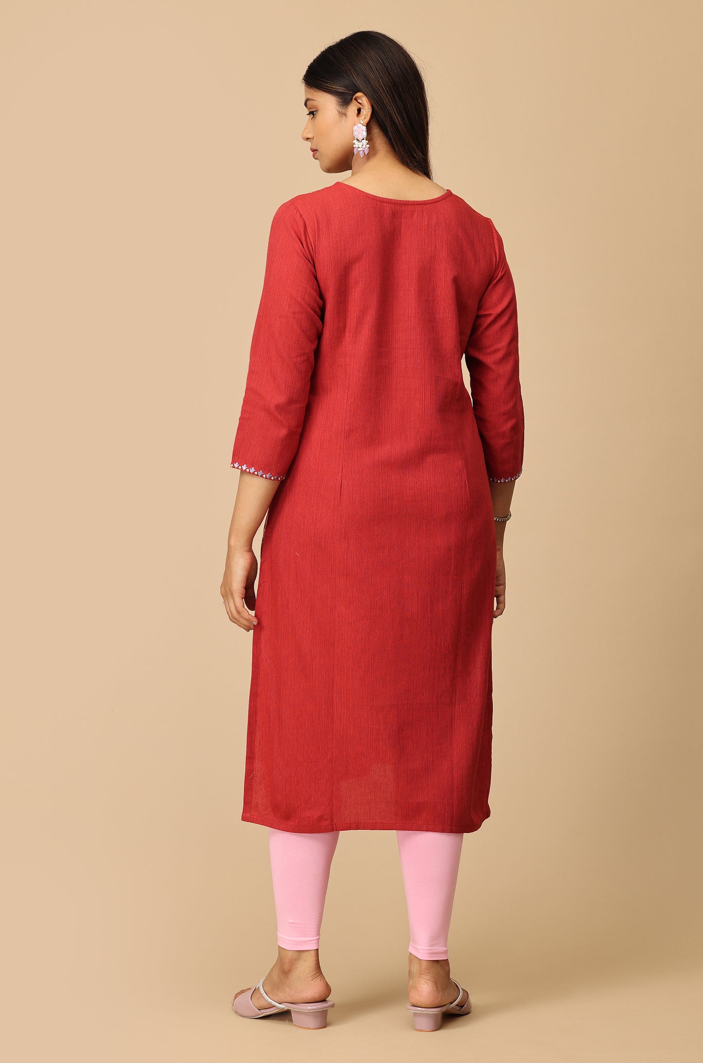 Maroon V Neck Khadi Embroidery Kurti