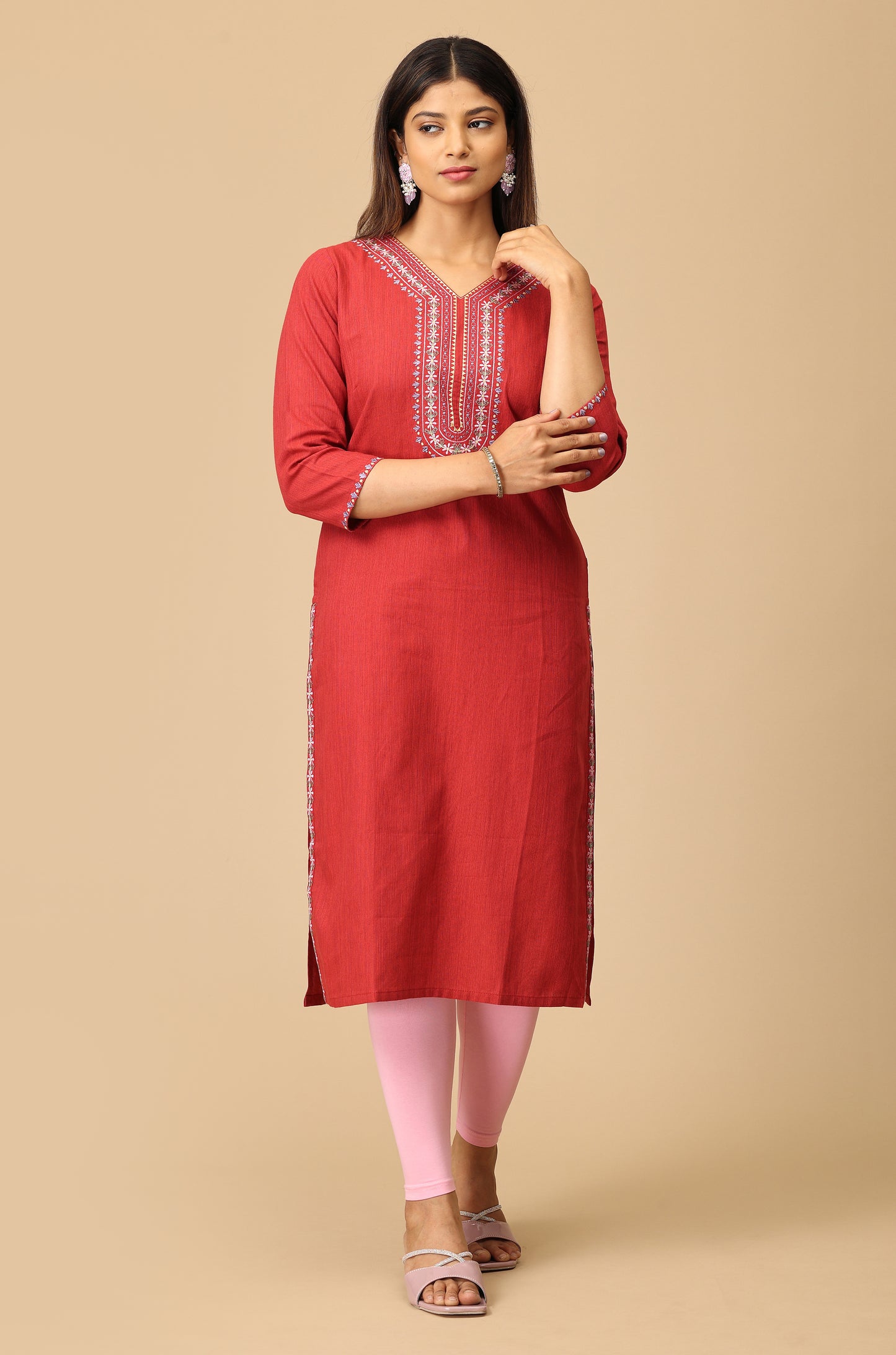Maroon V Neck Khadi Embroidery Kurti