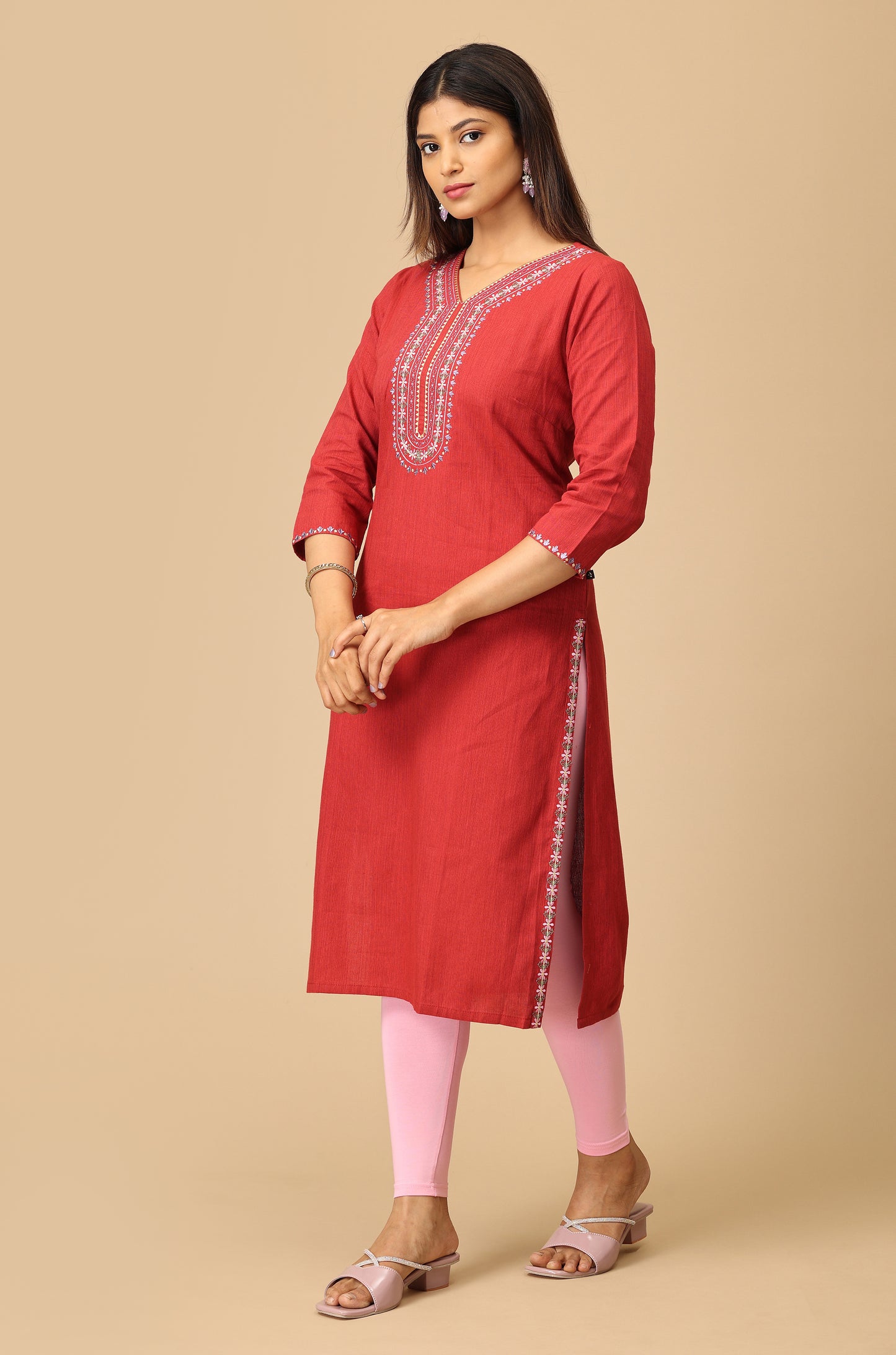 Maroon V Neck Khadi Embroidery Kurti