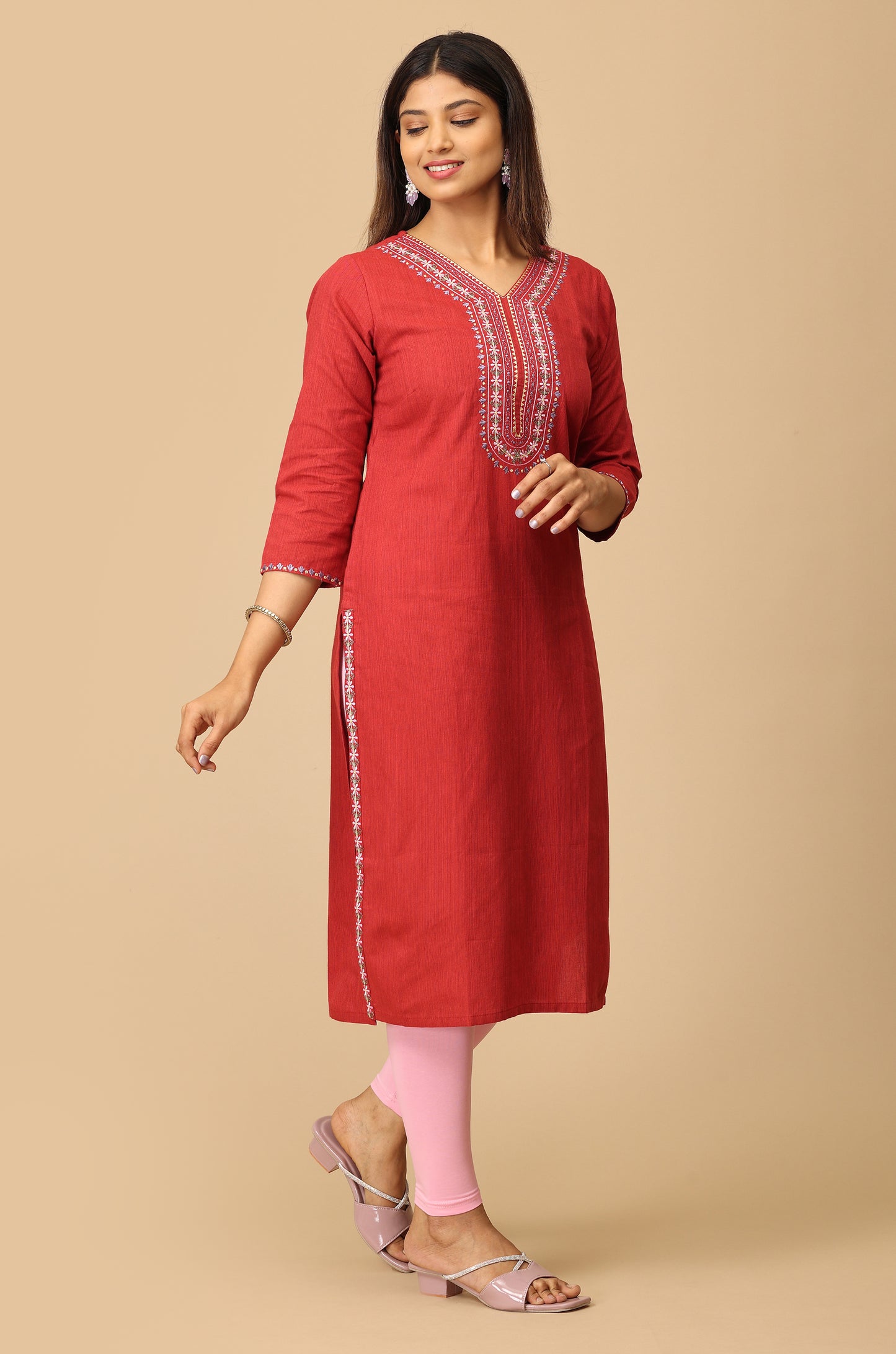 Maroon V Neck Khadi Embroidery Kurti
