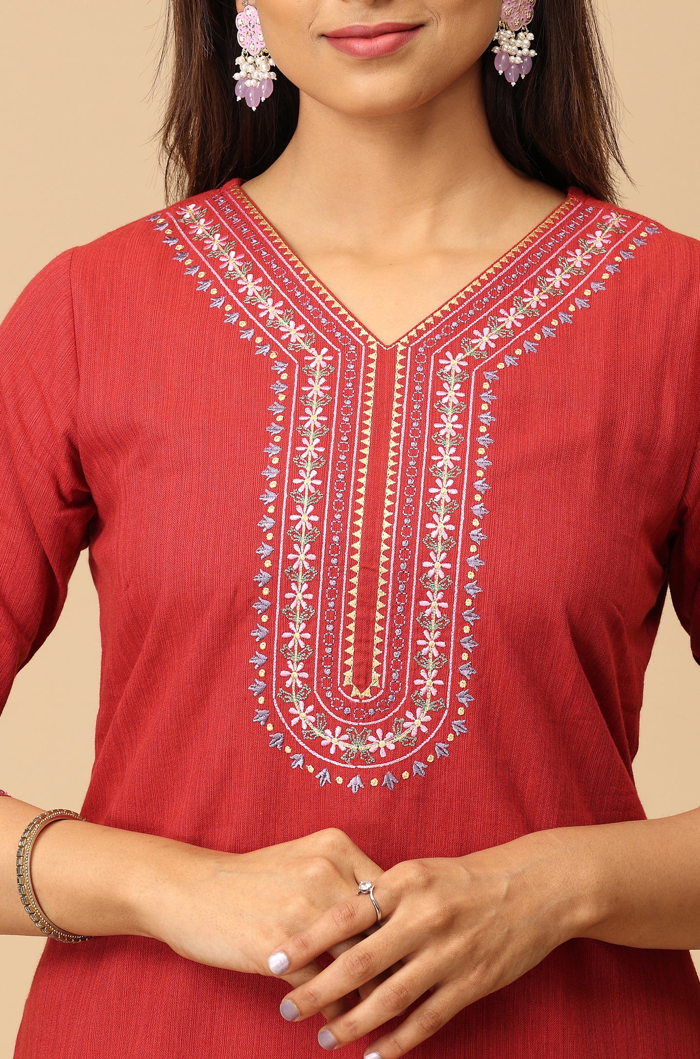 Maroon V Neck Khadi Embroidery Kurti