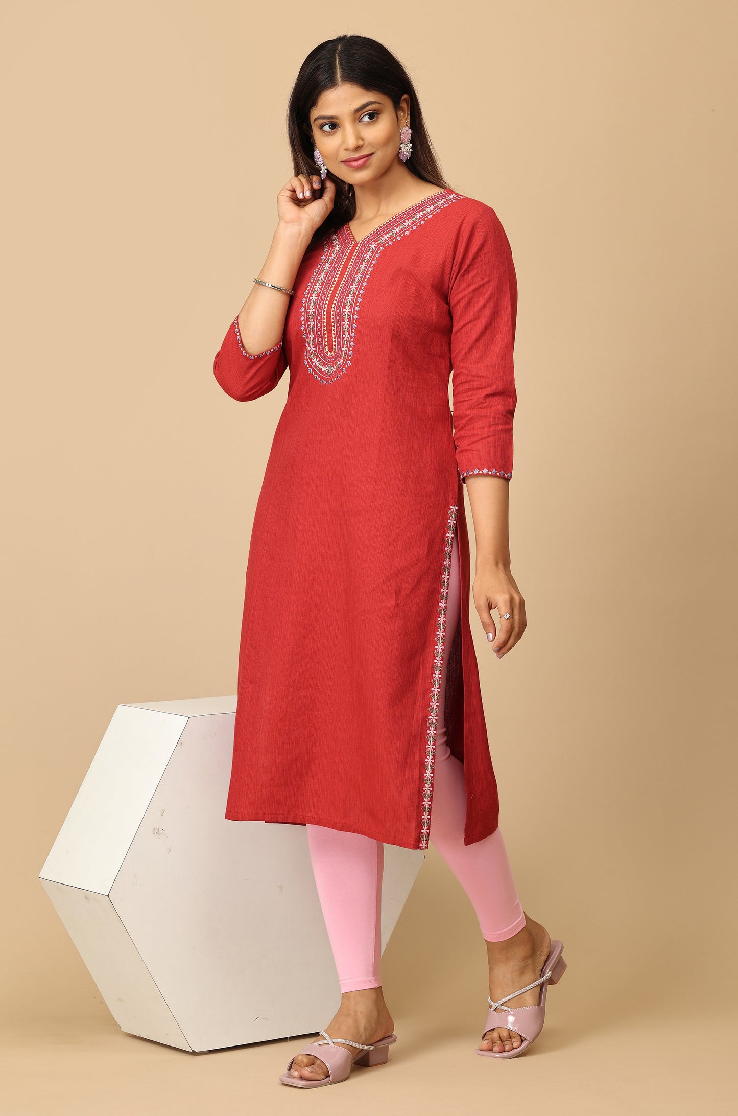 Maroon V Neck Khadi Embroidery Kurti