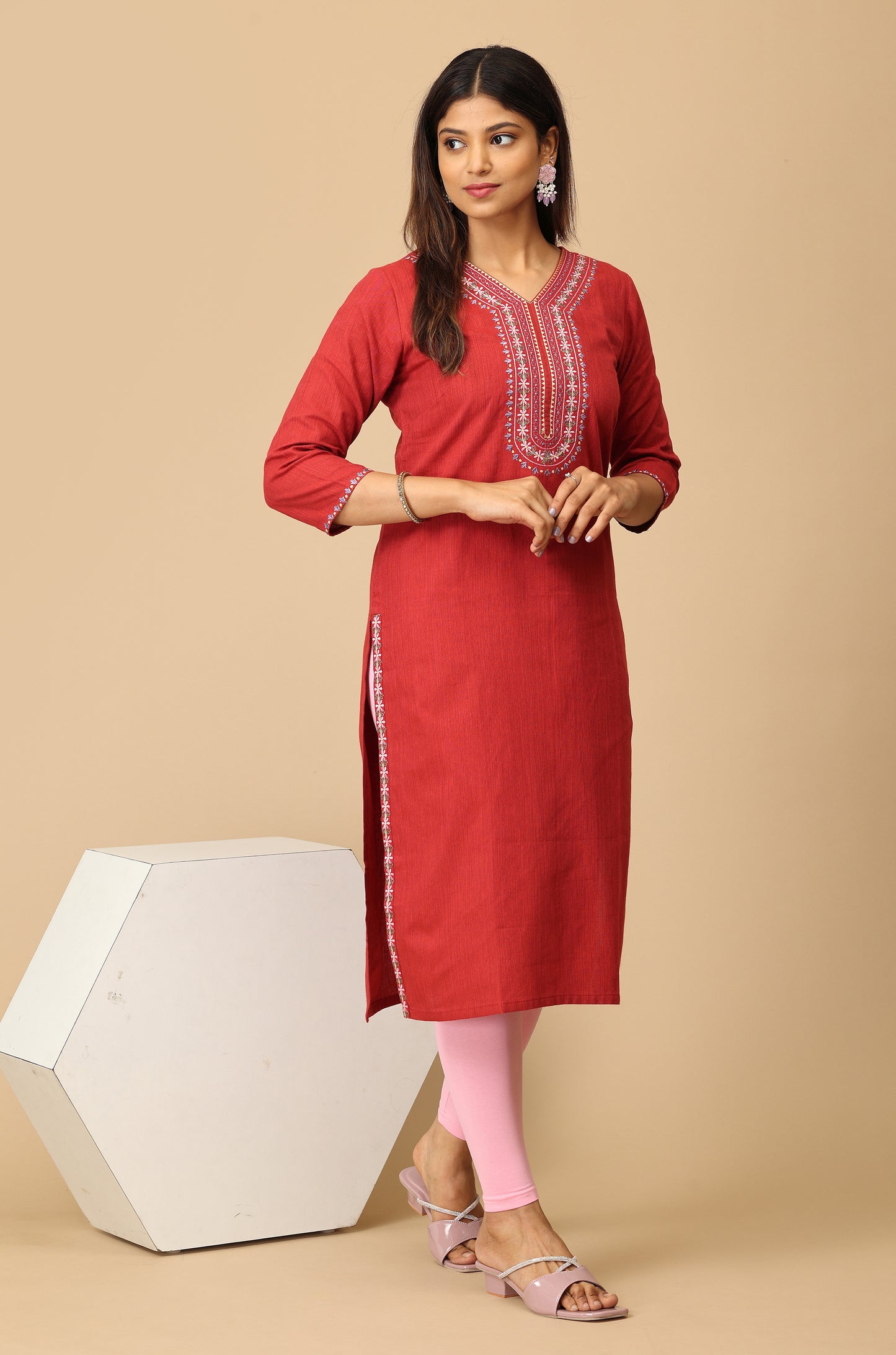 Maroon V Neck Khadi Embroidery Kurti