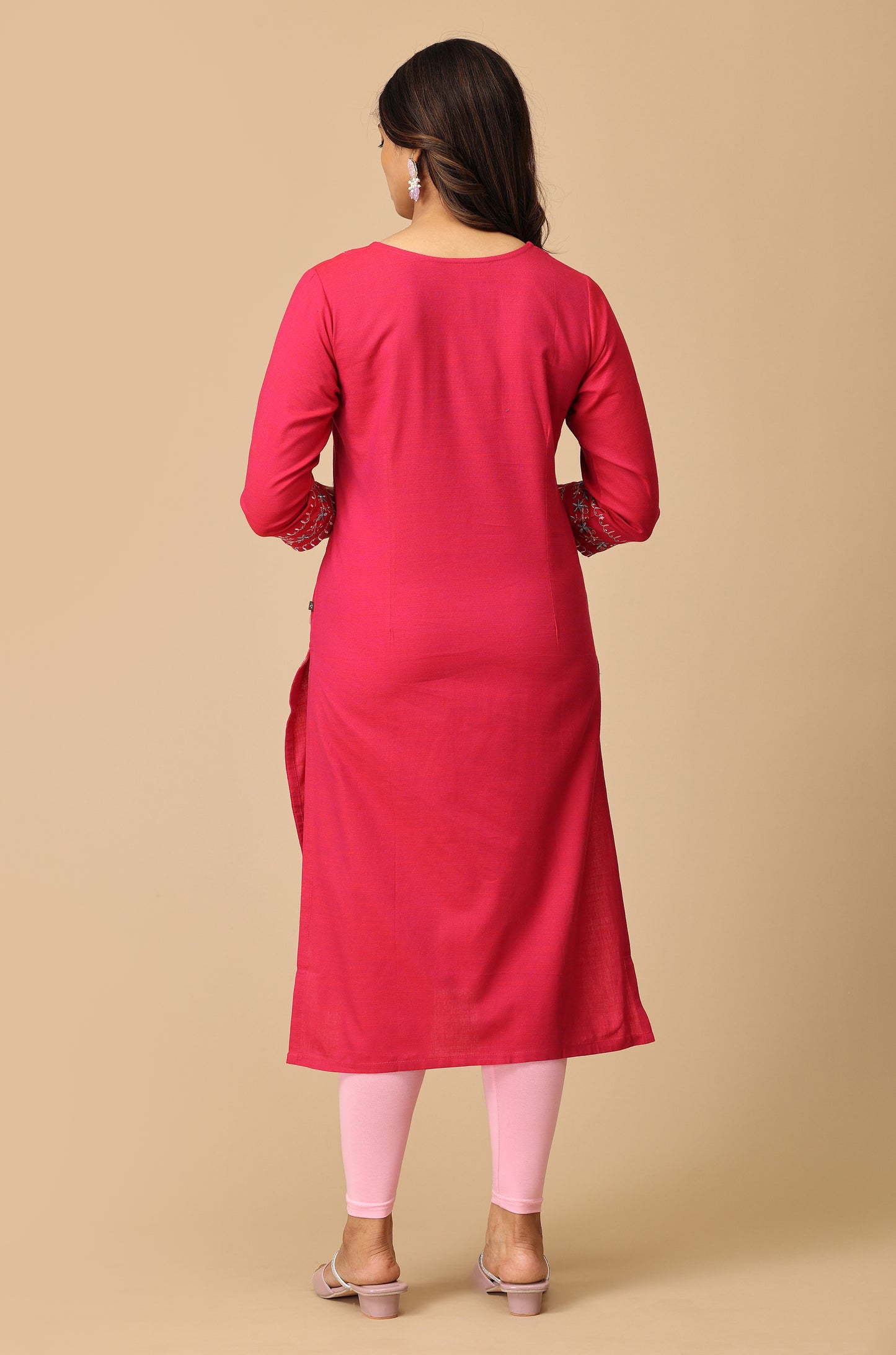 Bright Pink Rayon Slub Embroidery Kurti