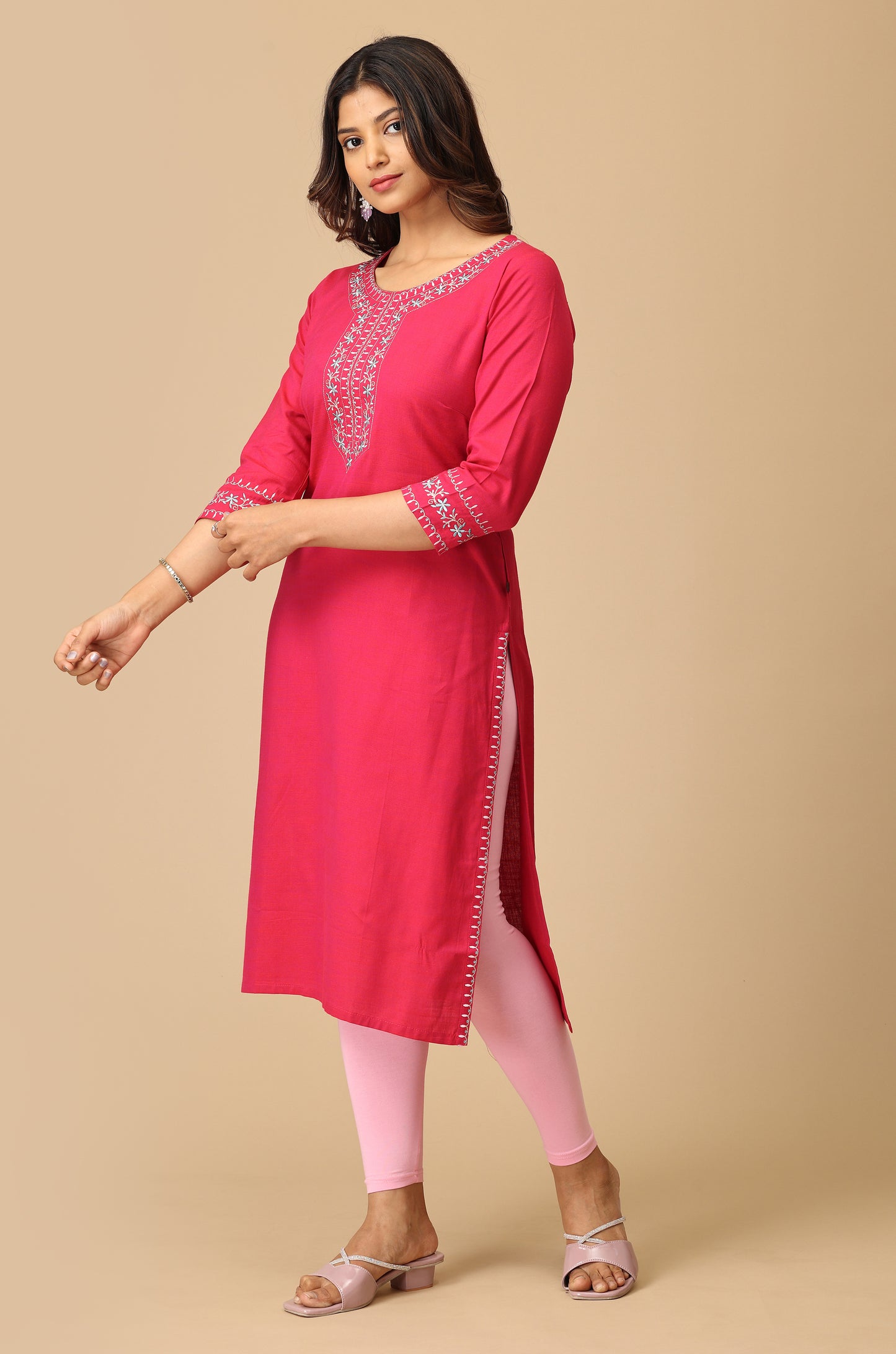 Bright Pink Rayon Slub Embroidery Kurti