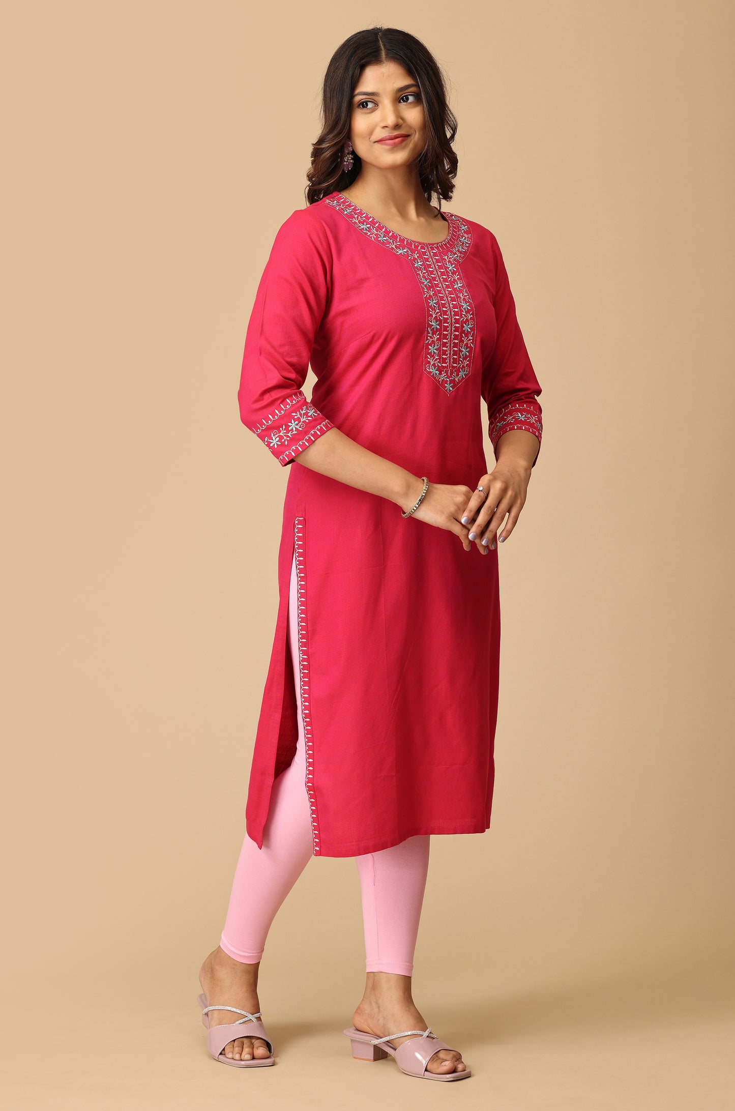 Bright Pink Rayon Slub Embroidery Kurti