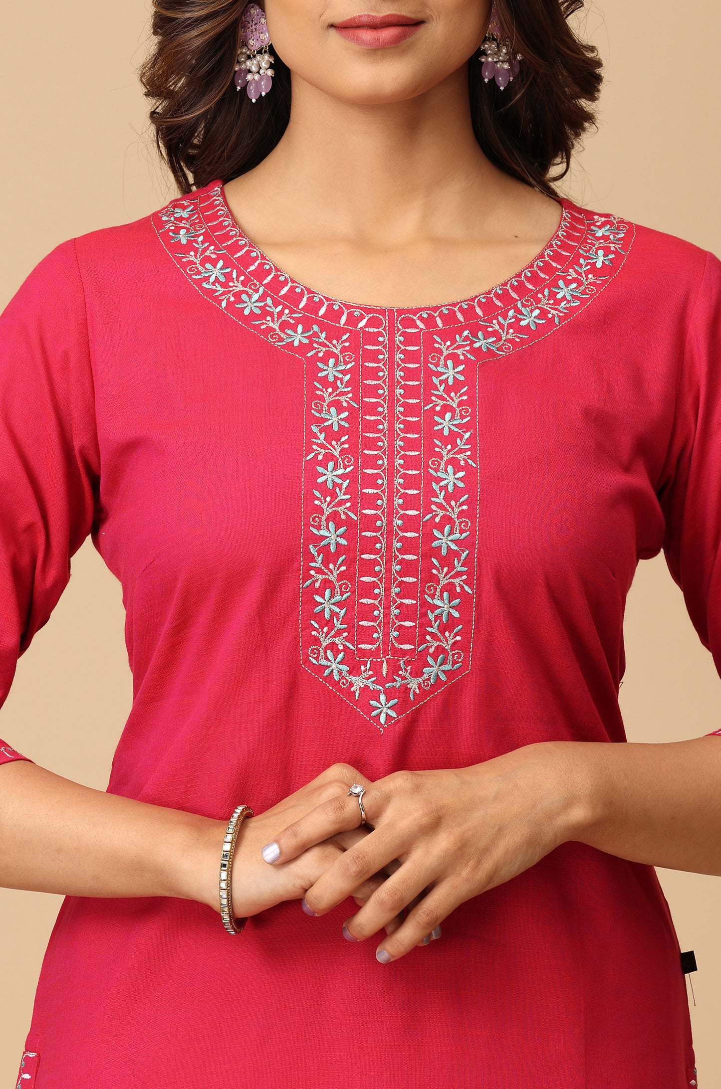 Bright Pink Rayon Slub Embroidery Kurti