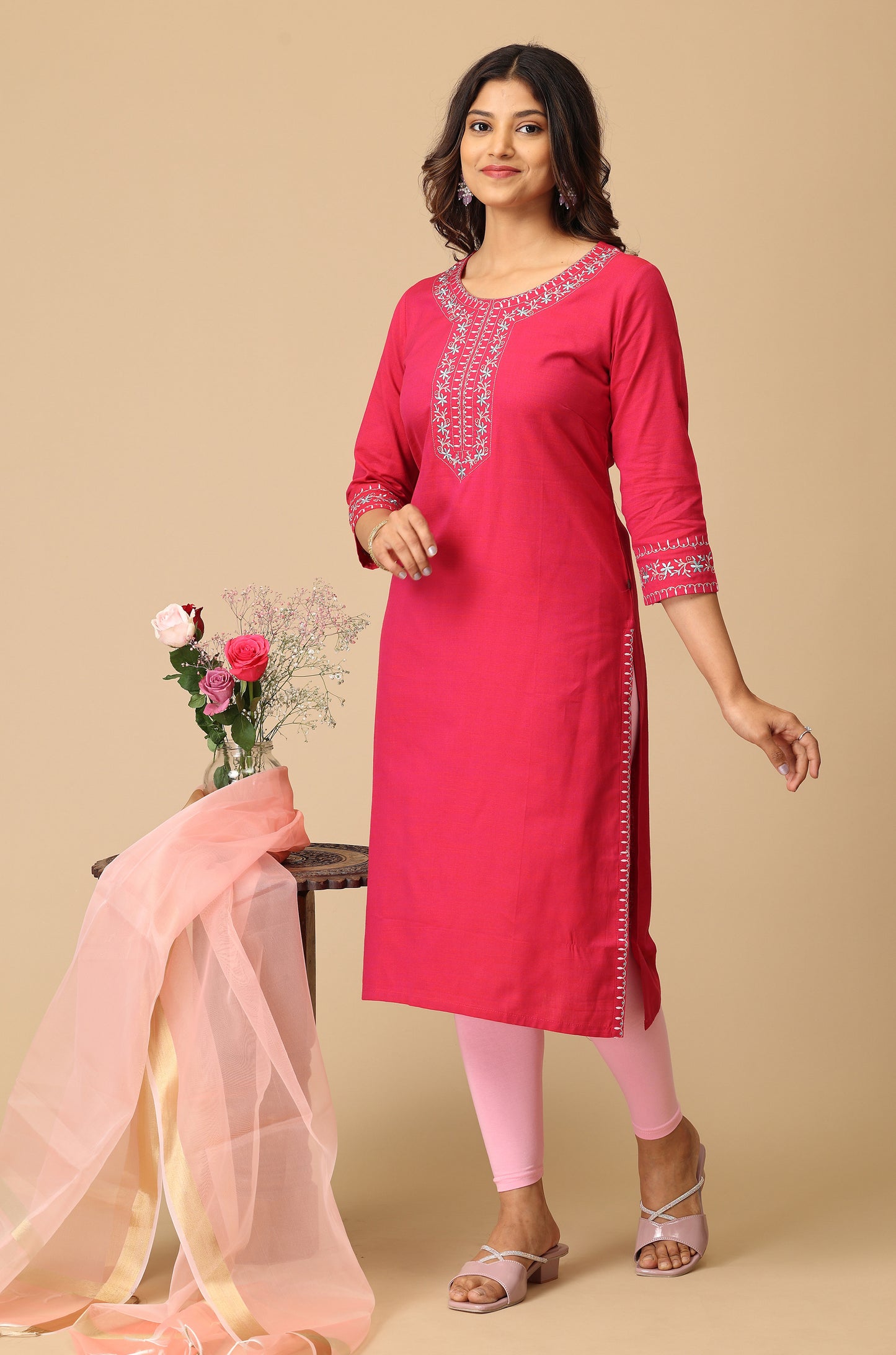 Bright Pink Rayon Slub Embroidery Kurti