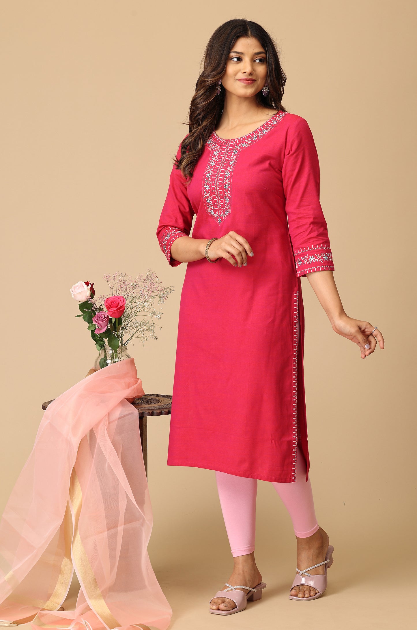 Bright Pink Rayon Slub Embroidery Kurti