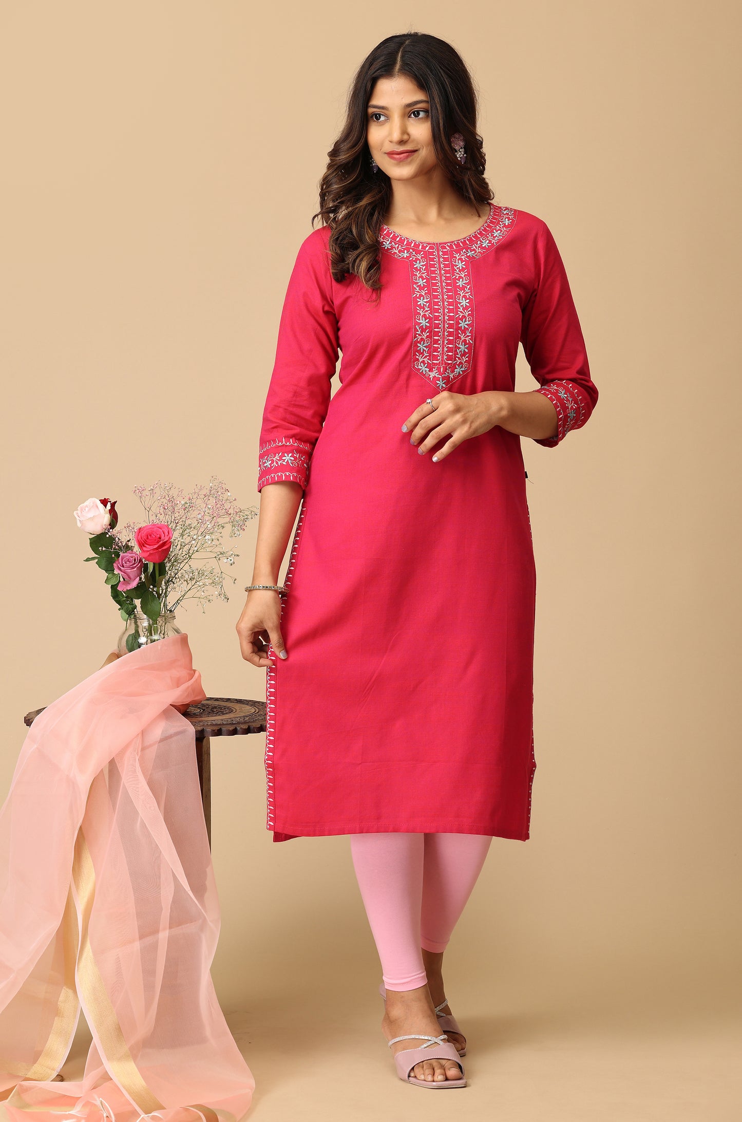 Bright Pink Rayon Slub Embroidery Kurti