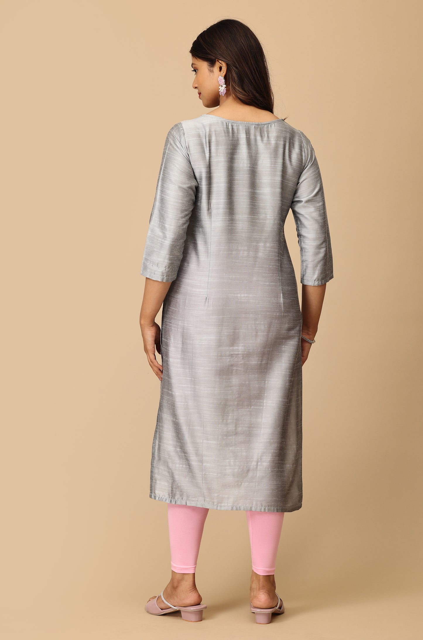 Grey Slub Silk Embroidery Straight Kurti