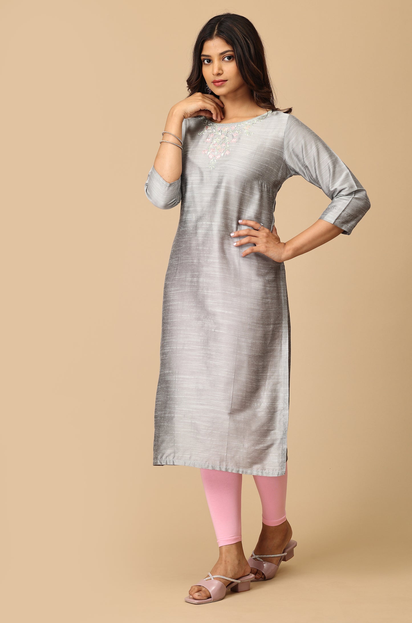 Grey Slub Silk Embroidery Straight Kurti