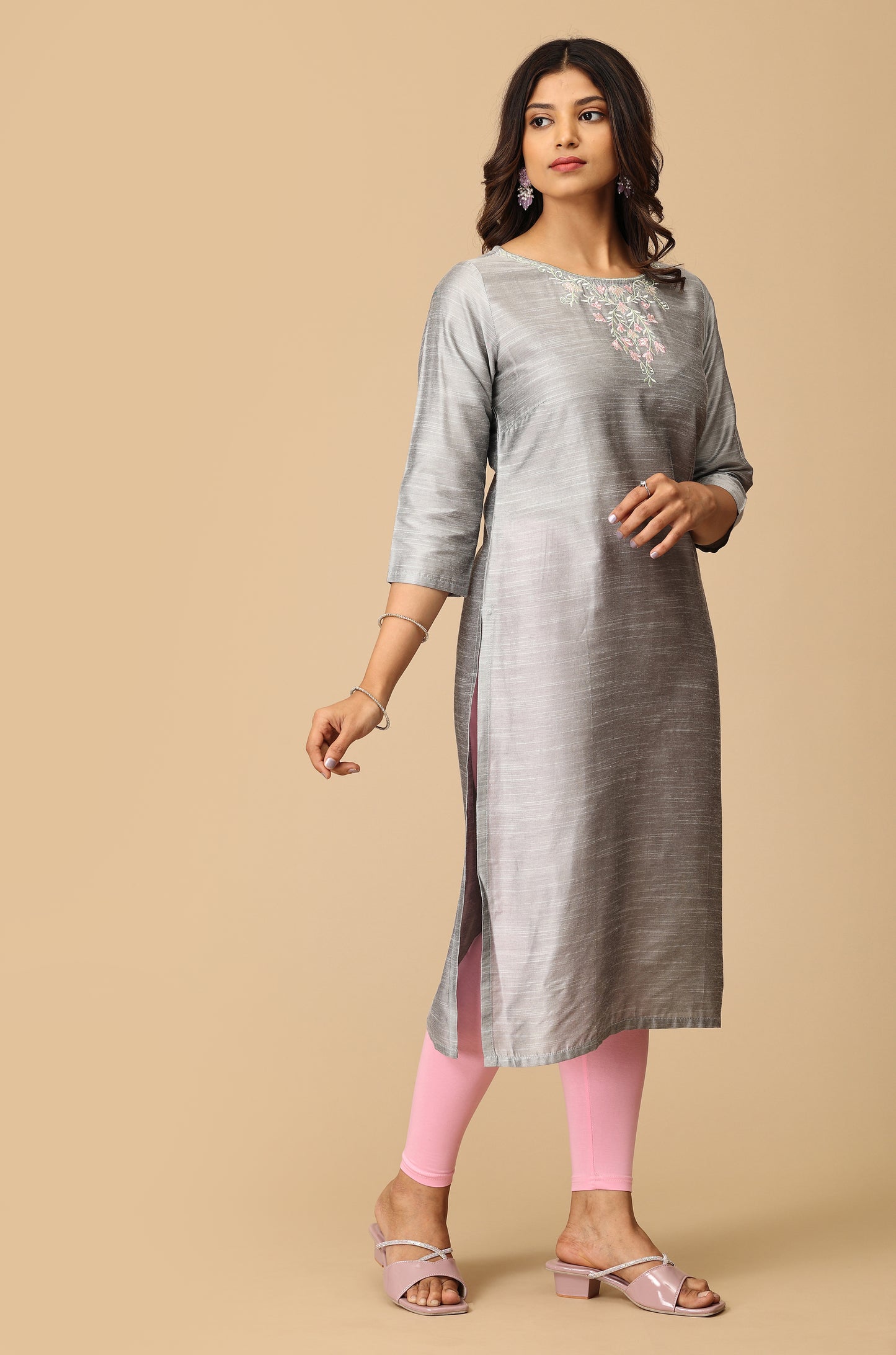 Grey Slub Silk Embroidery Straight Kurti