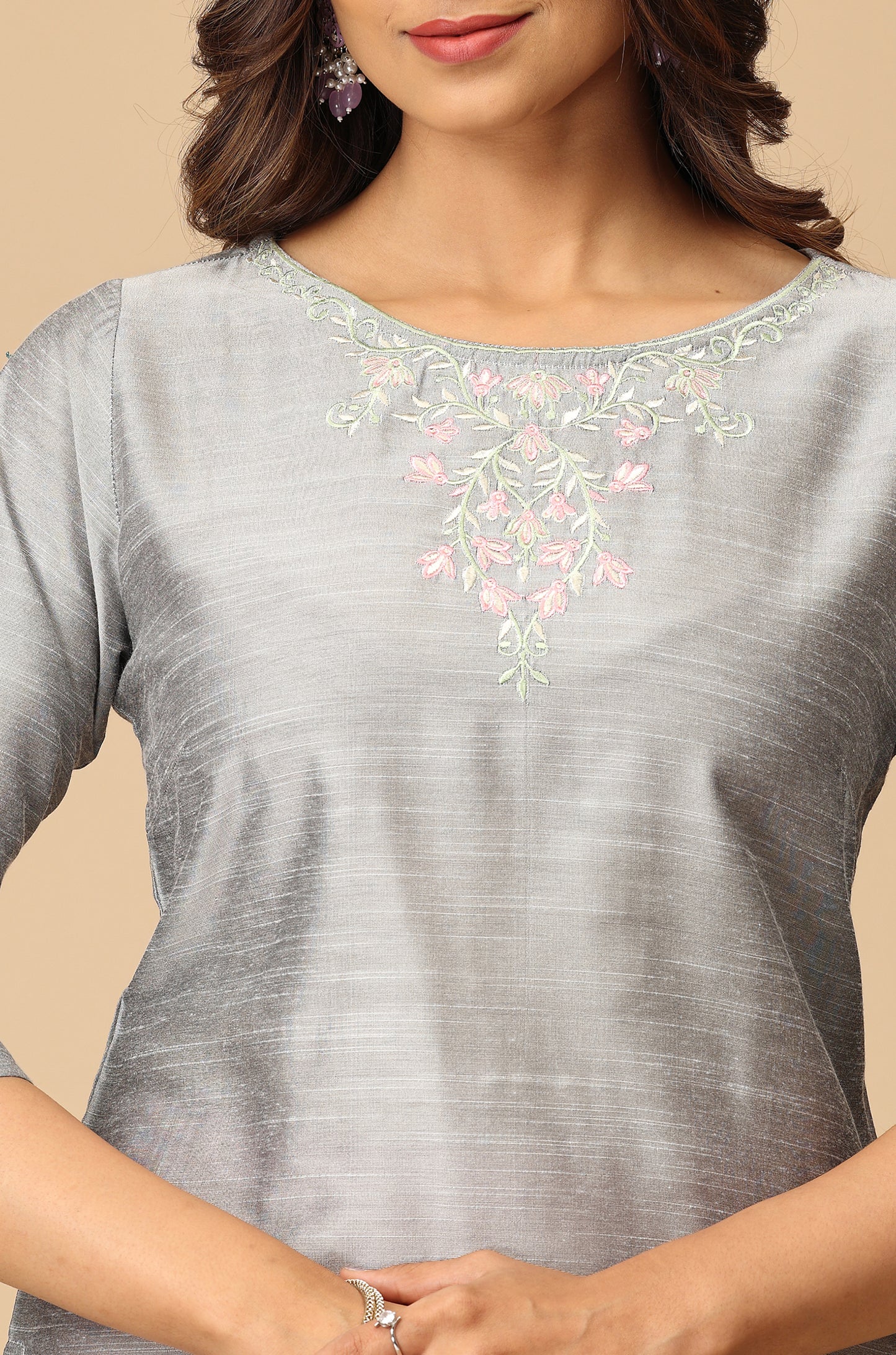 Grey Slub Silk Embroidery Straight Kurti