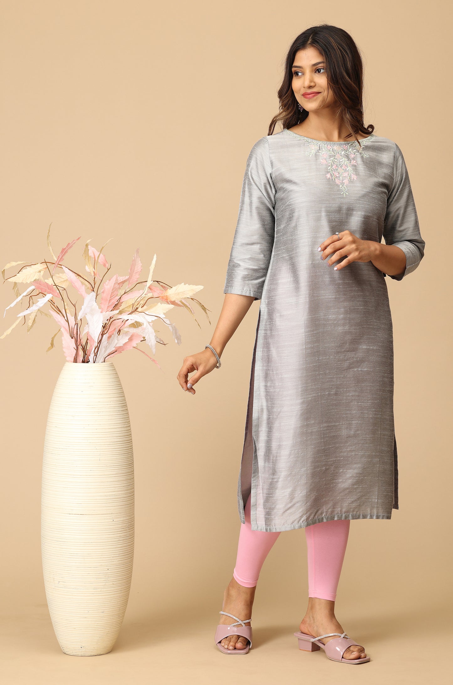 Grey Slub Silk Embroidery Straight Kurti