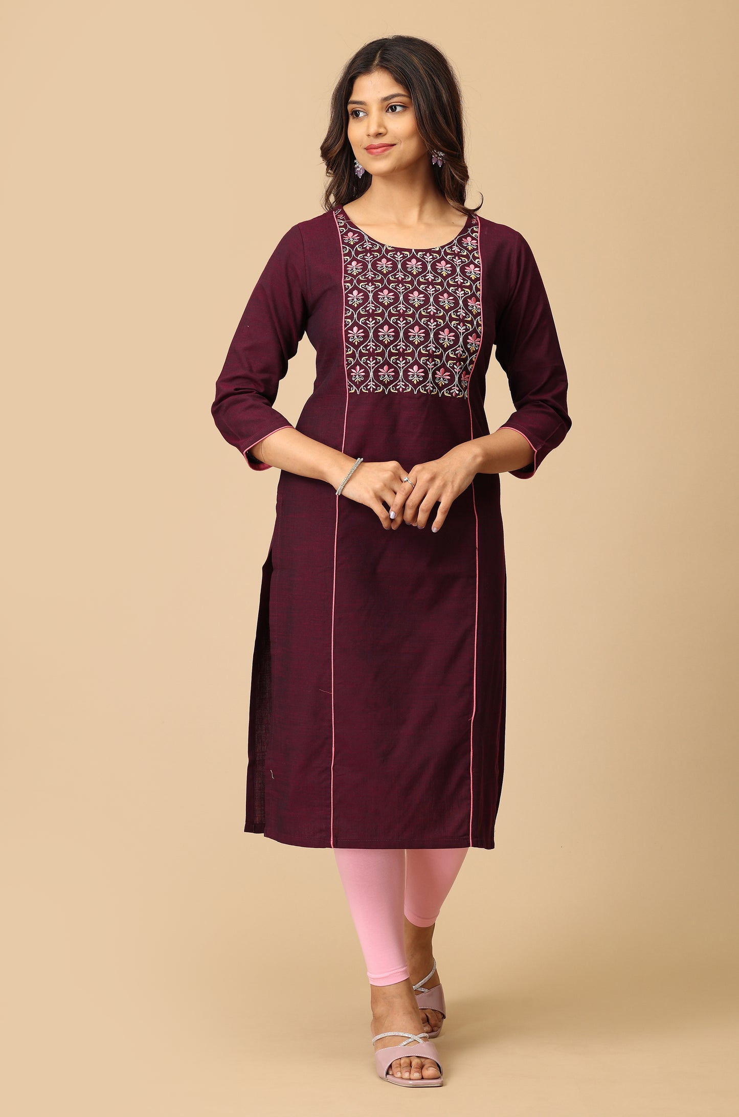 Magenta Rayon Slub Embroidery Kurti