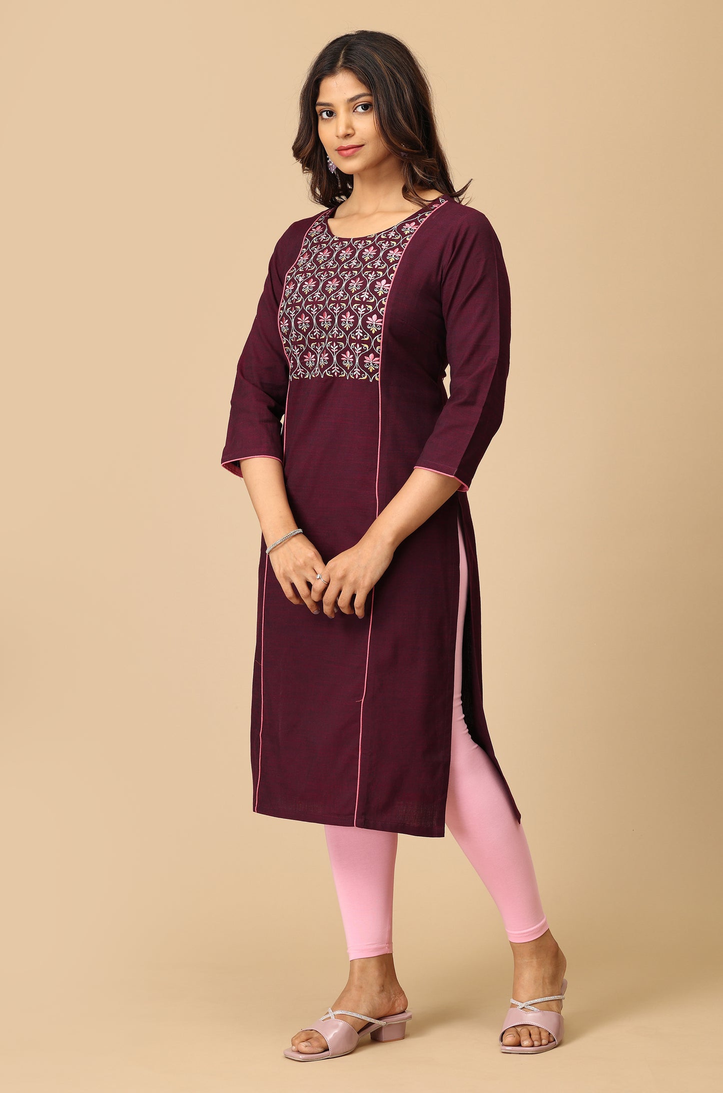 Magenta Rayon Slub Embroidery Kurti
