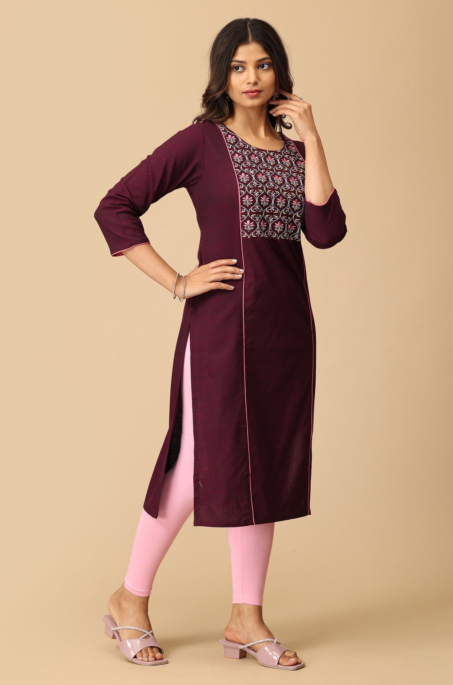 Magenta Rayon Slub Embroidery Kurti