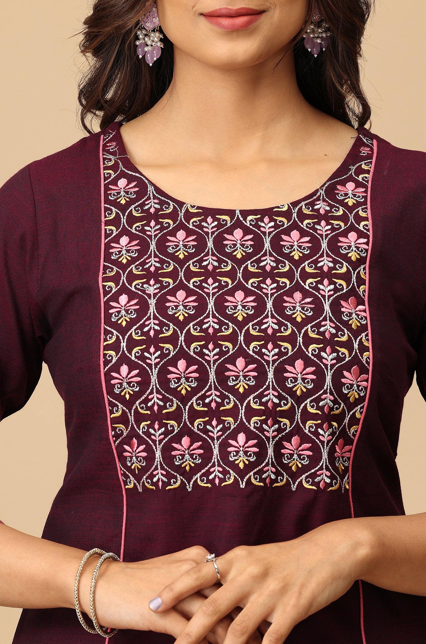 Magenta Rayon Slub Embroidery Kurti
