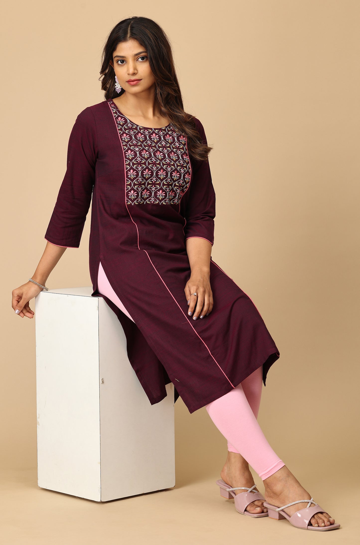 Magenta Rayon Slub Embroidery Kurti