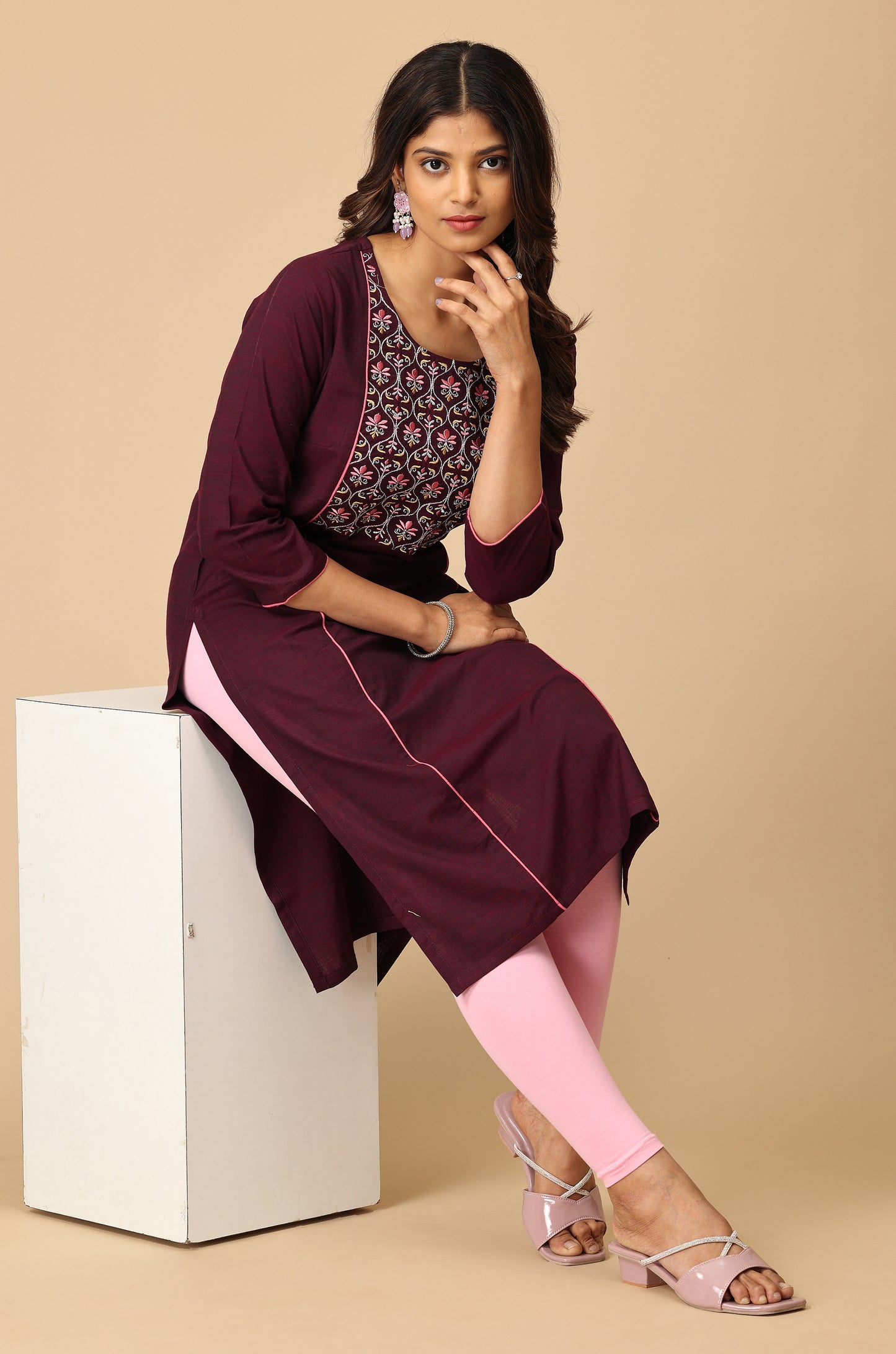 Magenta Rayon Slub Embroidery Kurti