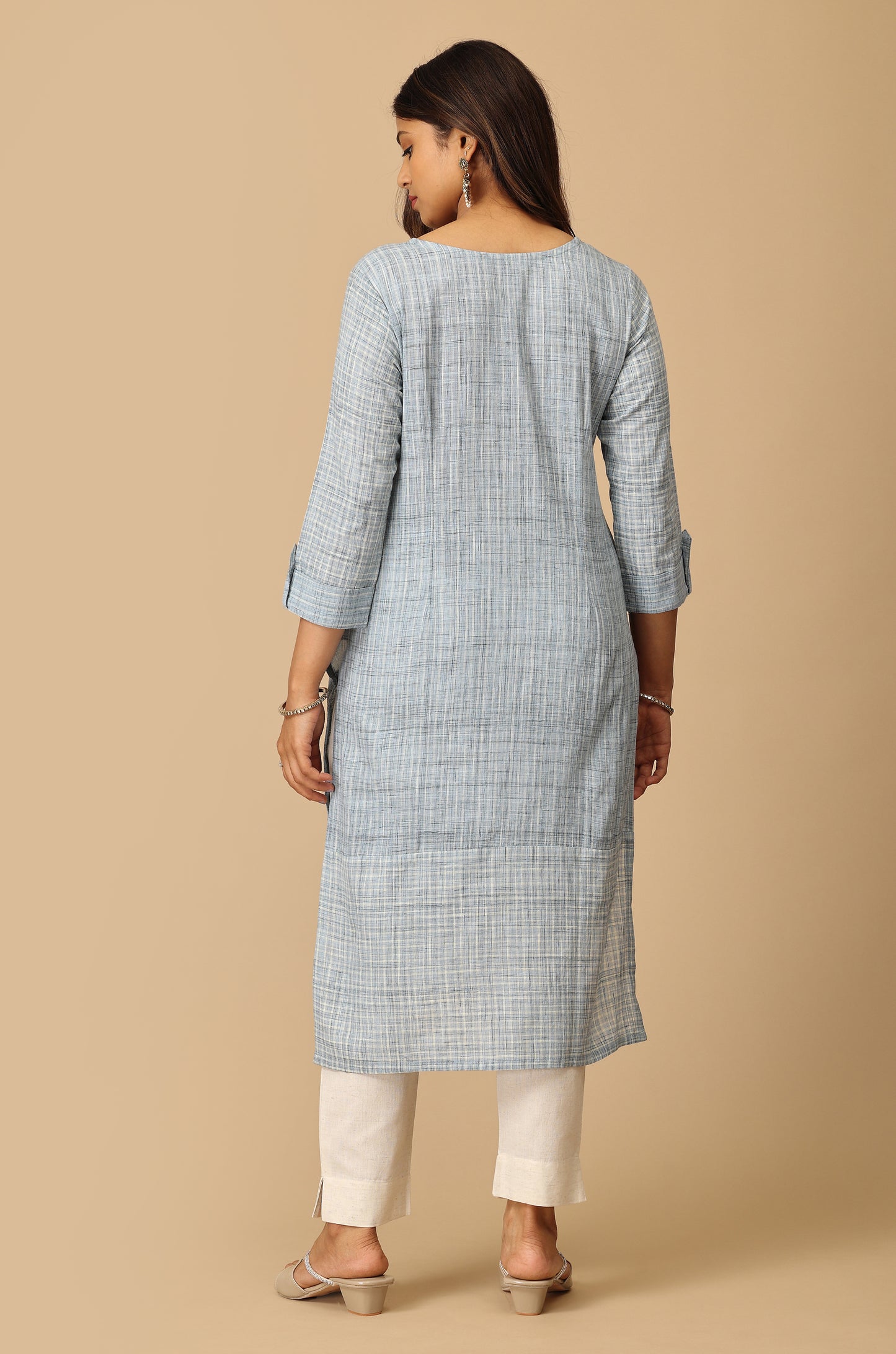 Blue Cotton Slub Patch Work Kurti