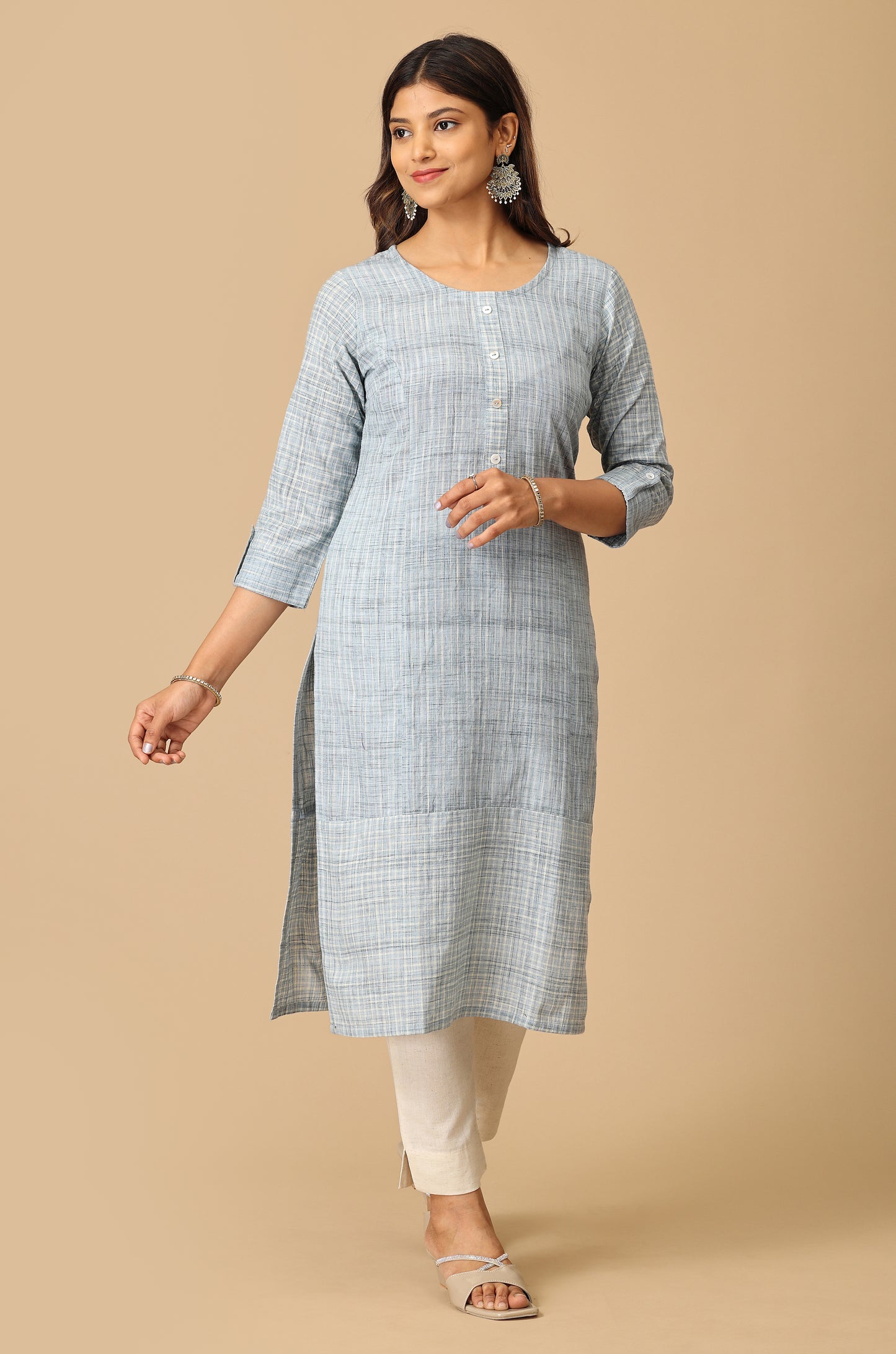 Blue Cotton Slub Patch Work Kurti