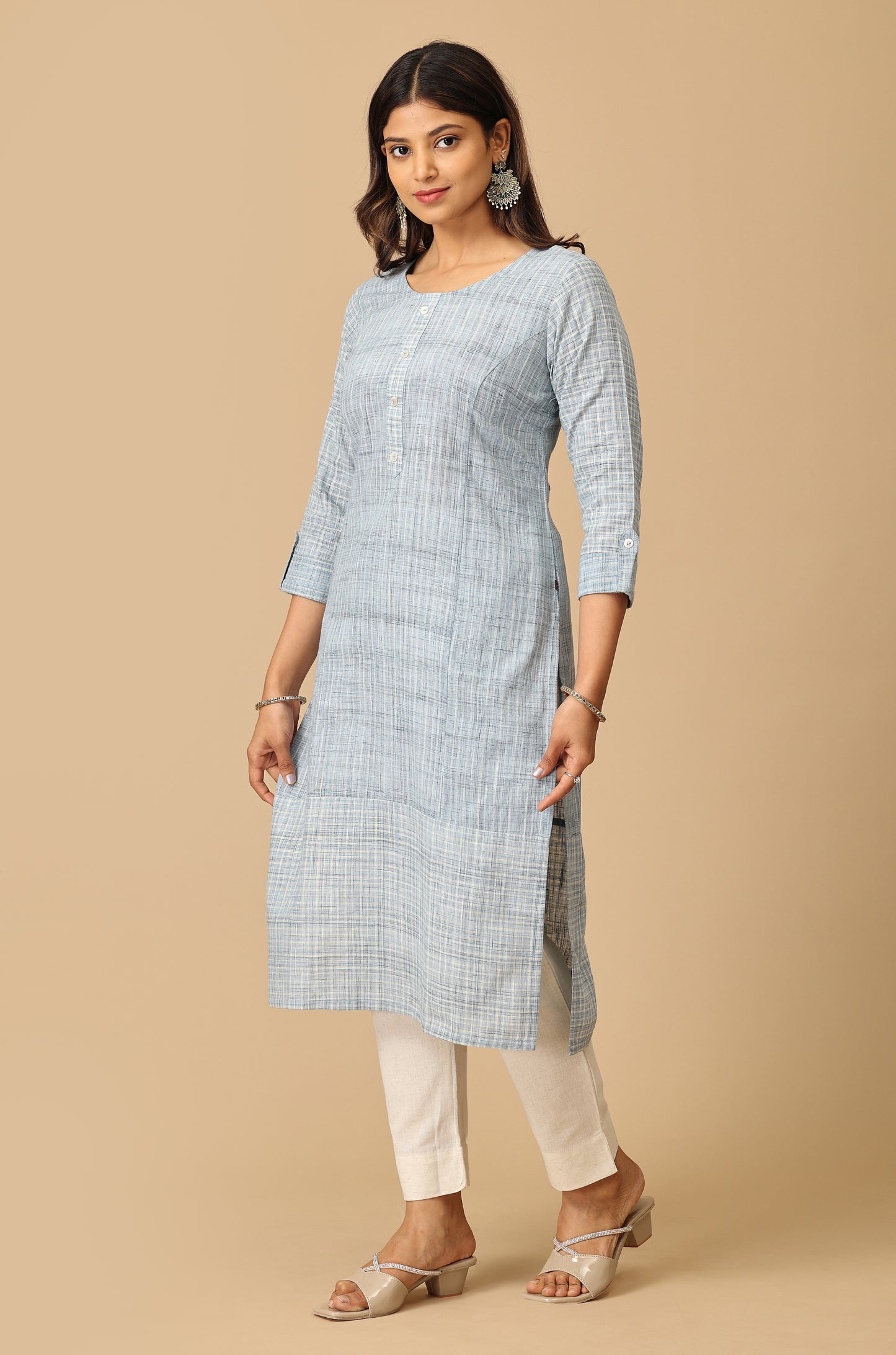 Blue Cotton Slub Patch Work Kurti