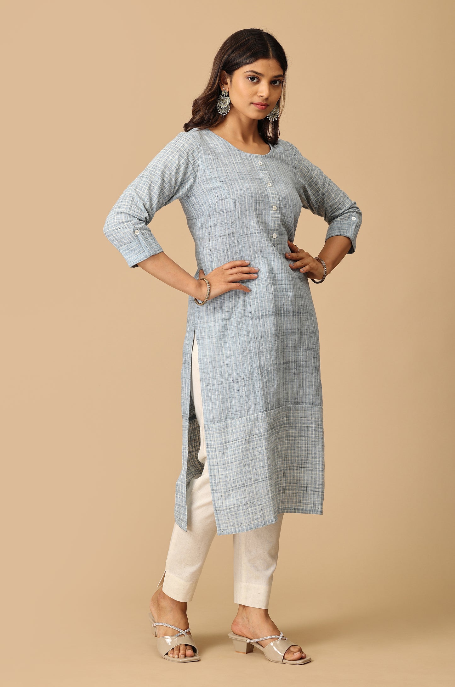 Blue Cotton Slub Patch Work Kurti