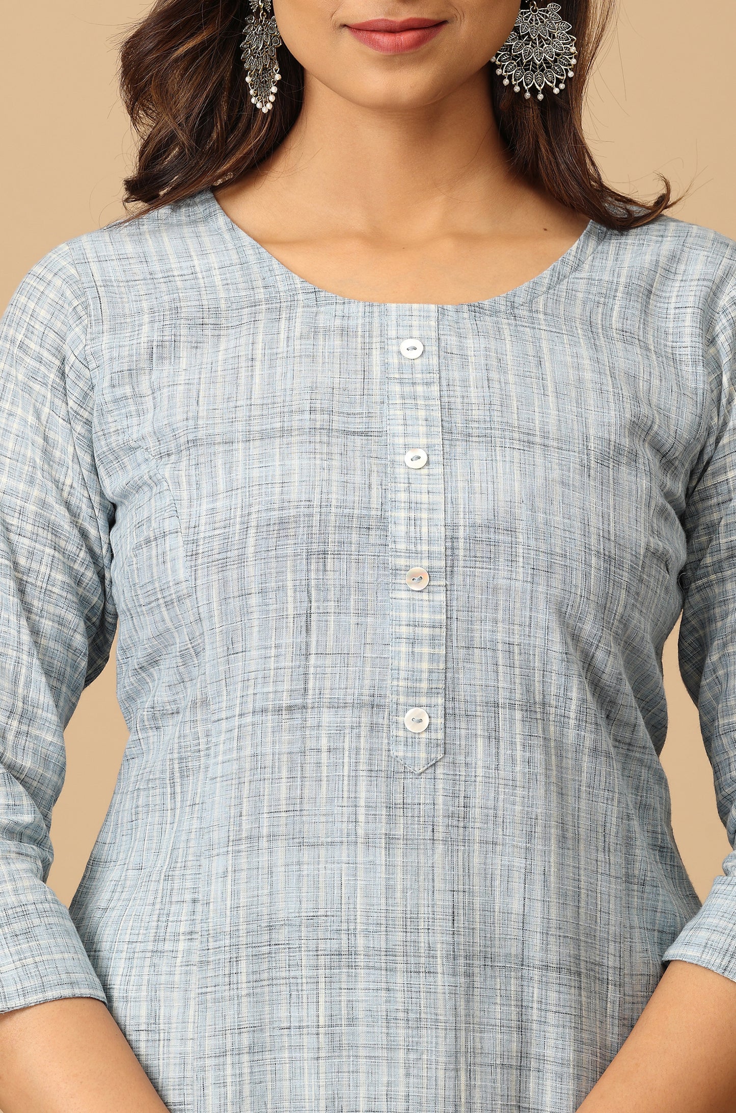 Blue Cotton Slub Patch Work Kurti