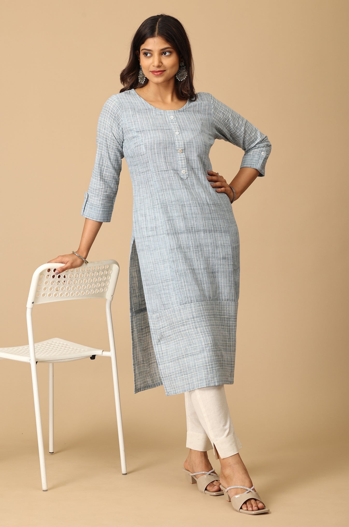 Blue Cotton Slub Patch Work Kurti