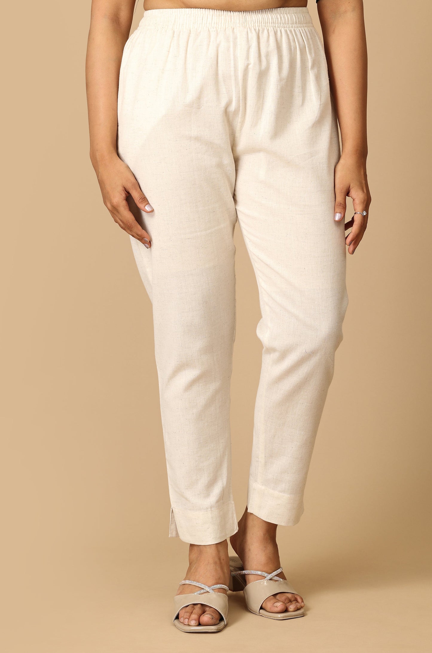 Off White Cotton Trouser Fit with Drawstring Cigarette Pant