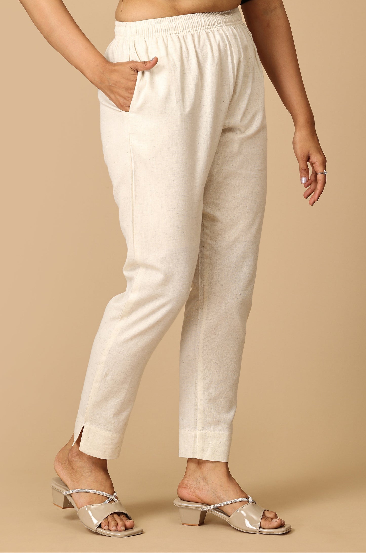 Off White Cotton Trouser Fit with Drawstring Cigarette Pant