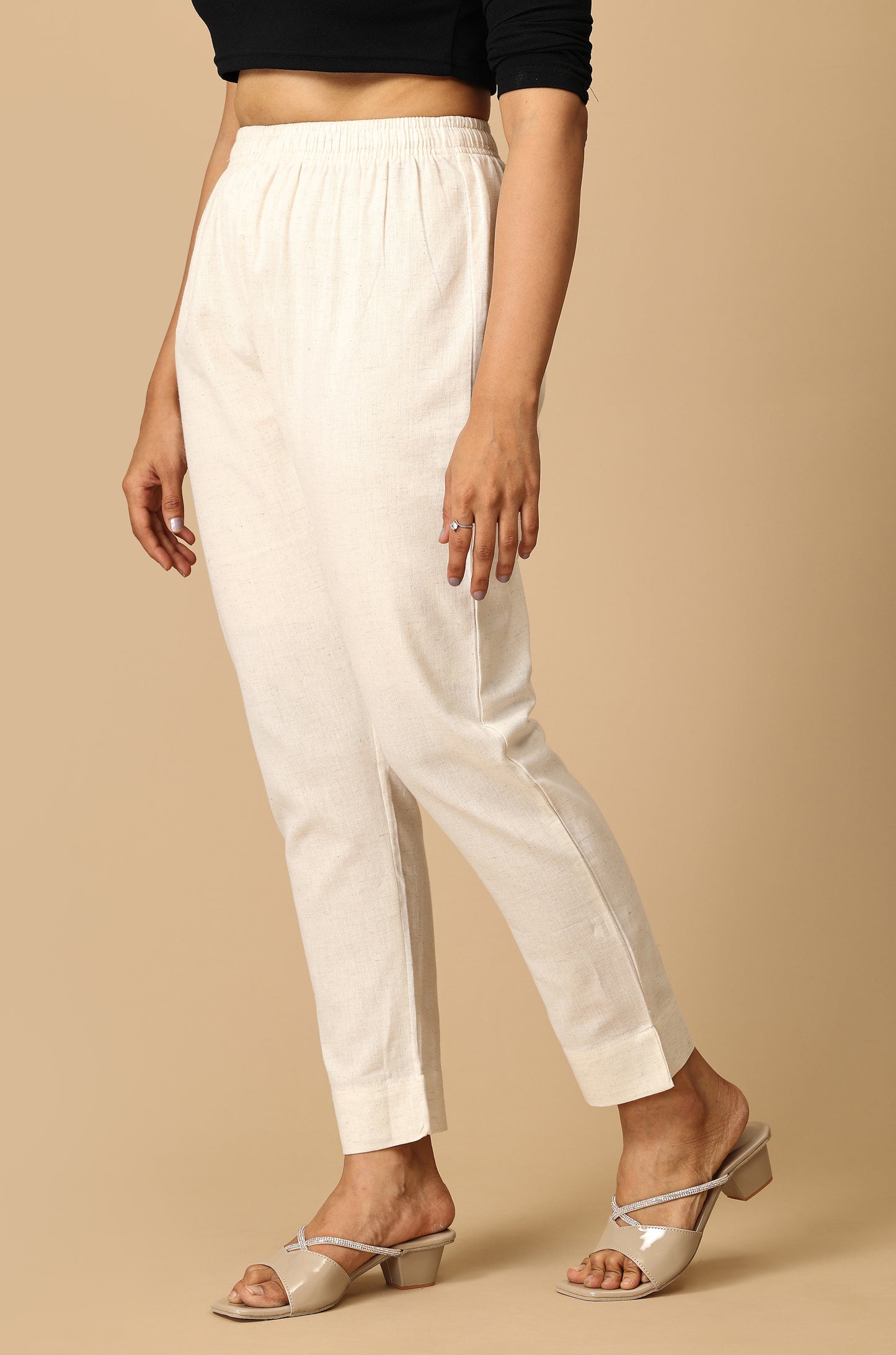 Off White Cotton Trouser Fit with Drawstring Cigarette Pant