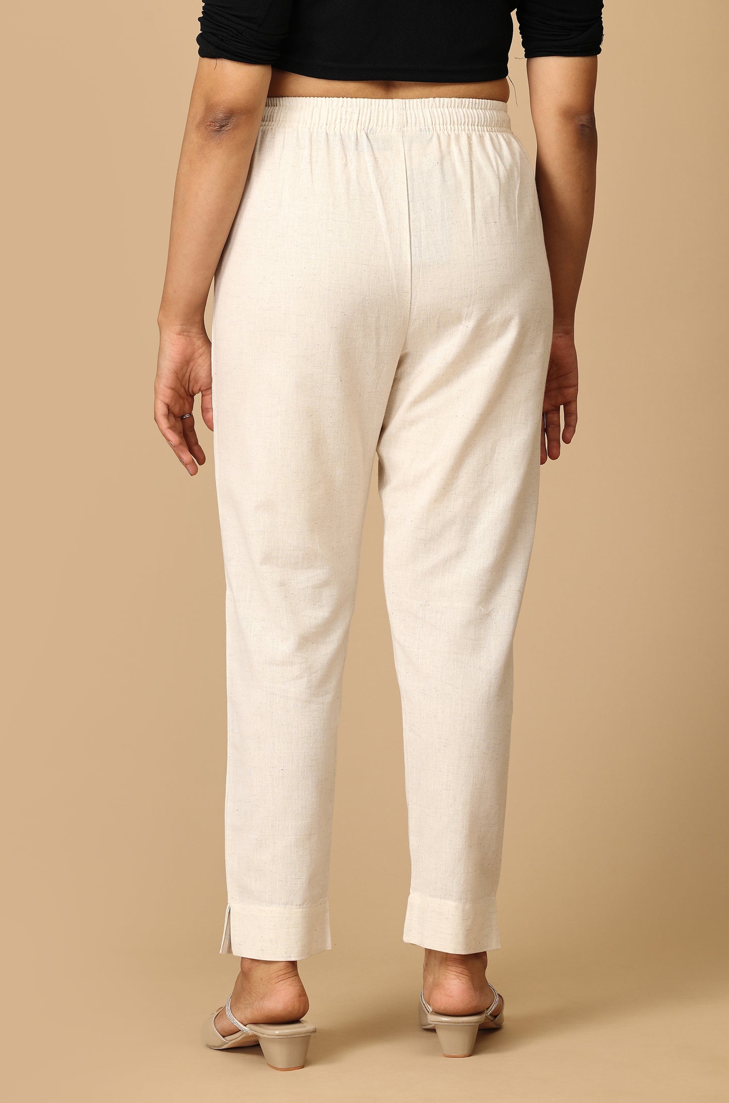 Off White Cotton Trouser Fit with Drawstring Cigarette Pant