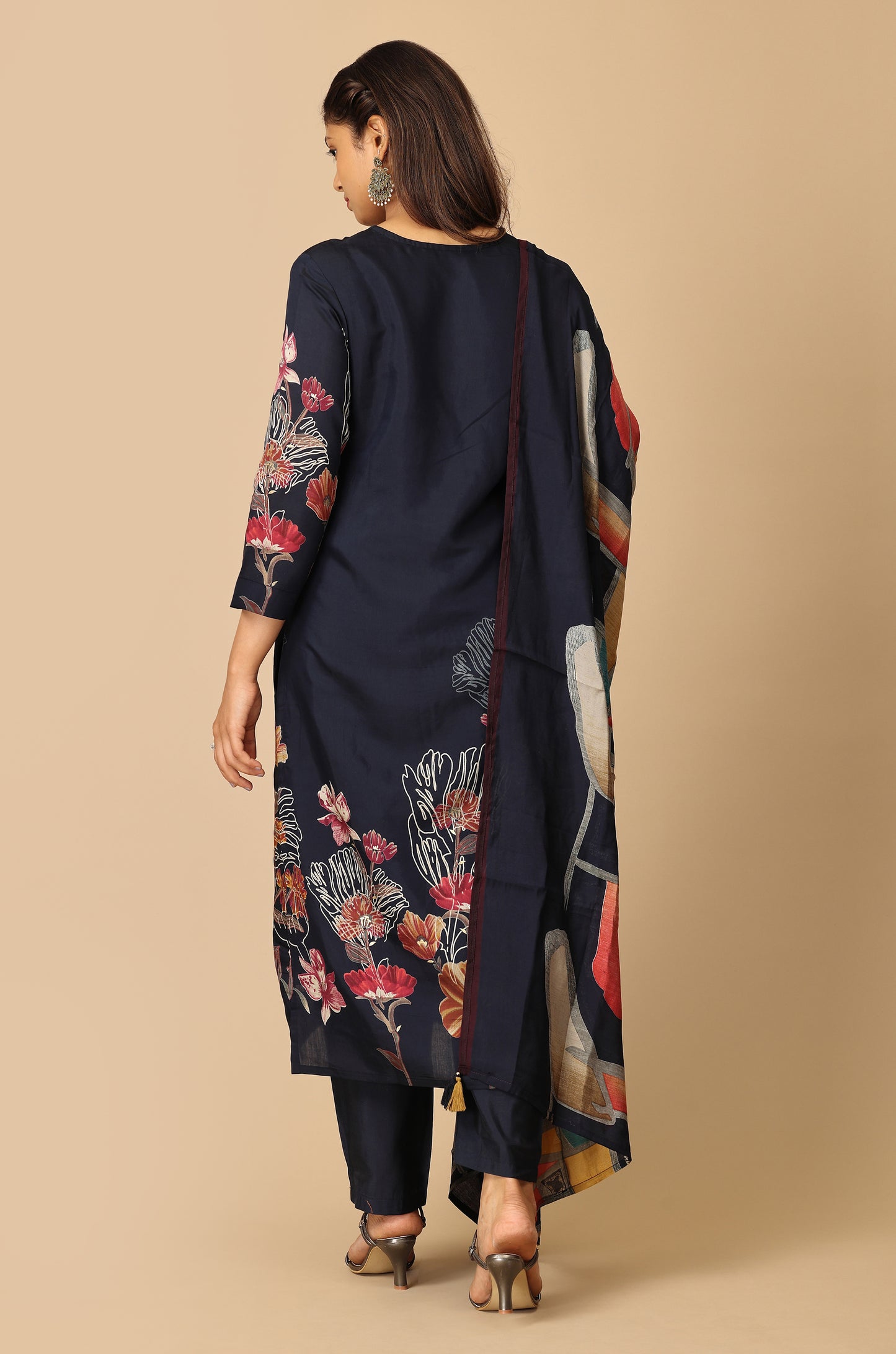 Navy Blue Maslin Printed with Handwork Kurti Set - 3Pcs