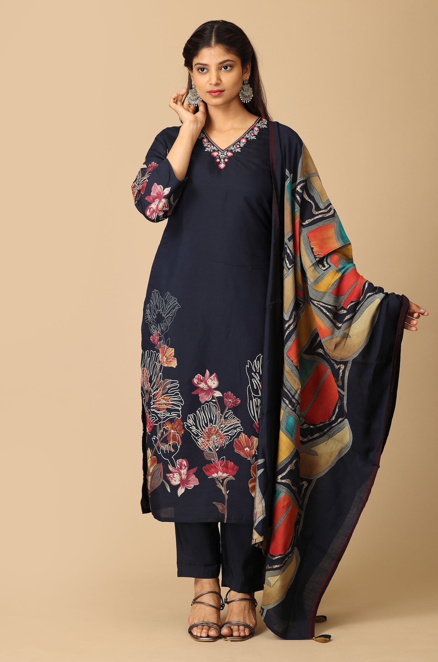 Navy Blue Maslin Printed with Handwork Kurti Set - 3Pcs