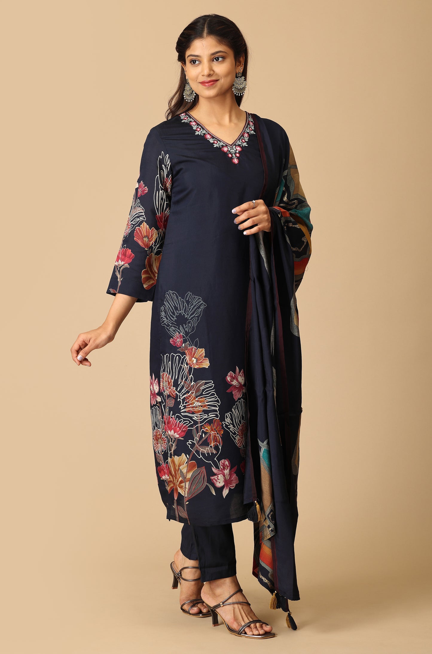 Navy Blue Maslin Printed with Handwork Kurti Set - 3Pcs