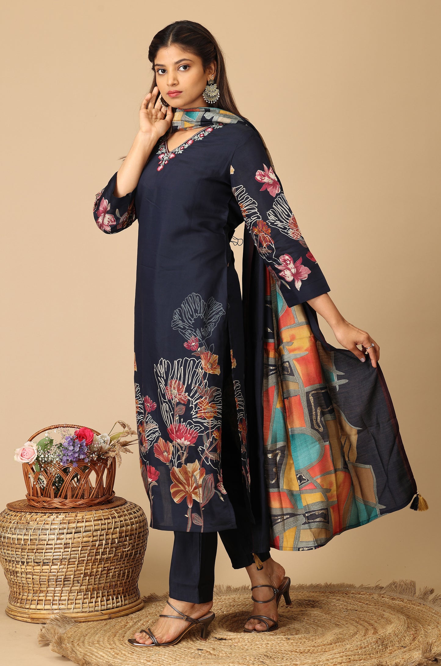 Navy Blue Maslin Printed with Handwork Kurti Set - 3Pcs