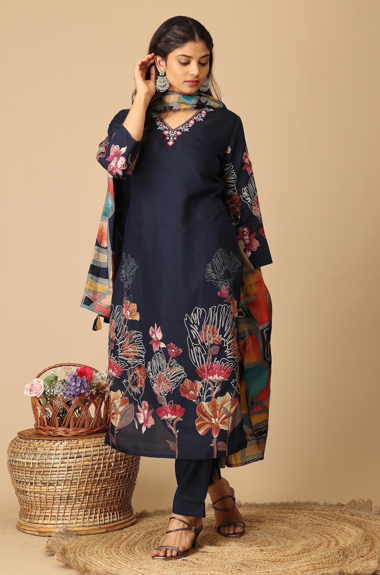 Navy Blue Maslin Printed with Handwork Kurti Set - 3Pcs