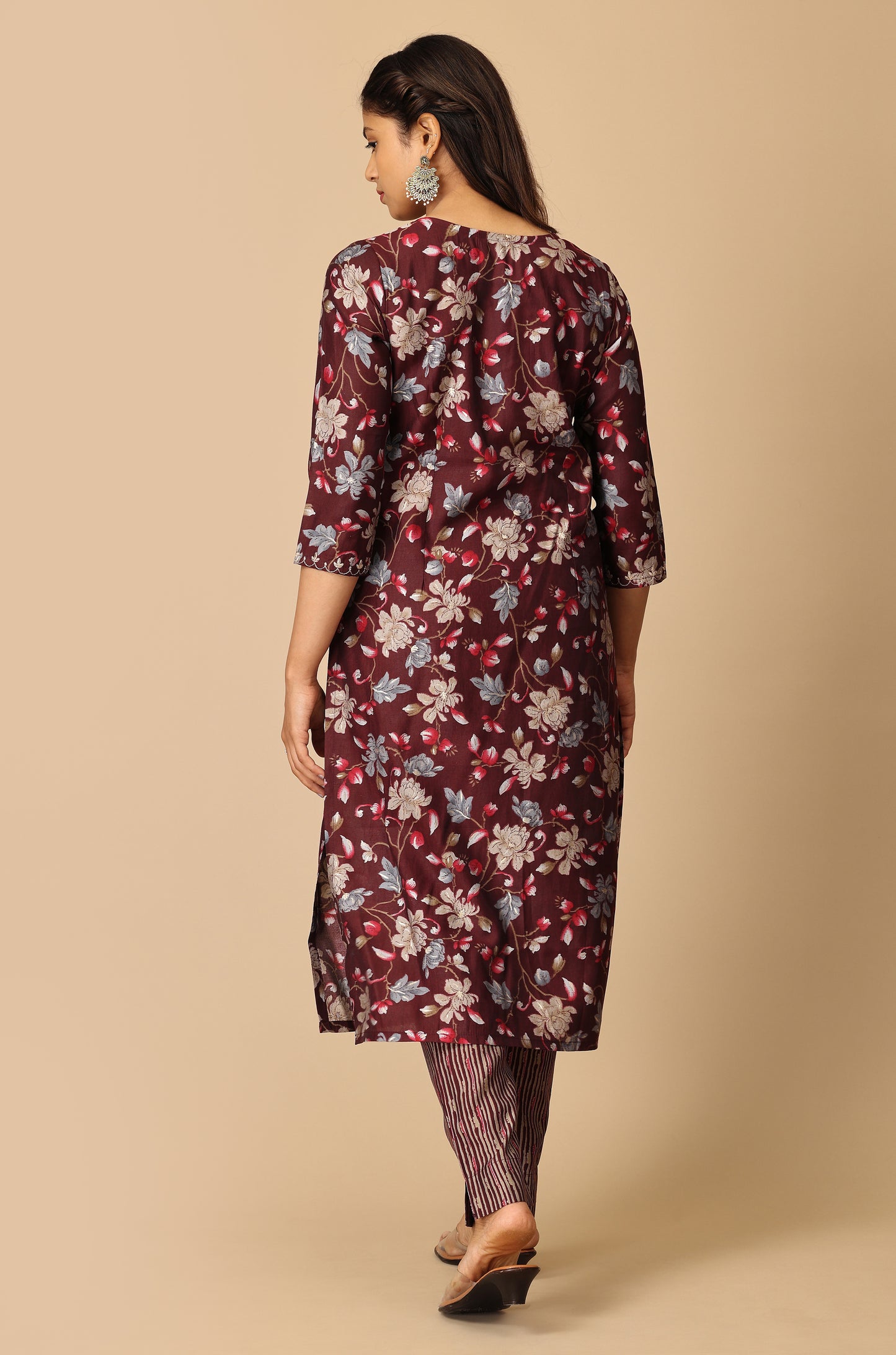 Wine Modal Printed with Embroidery Kurti Set-2Pcs