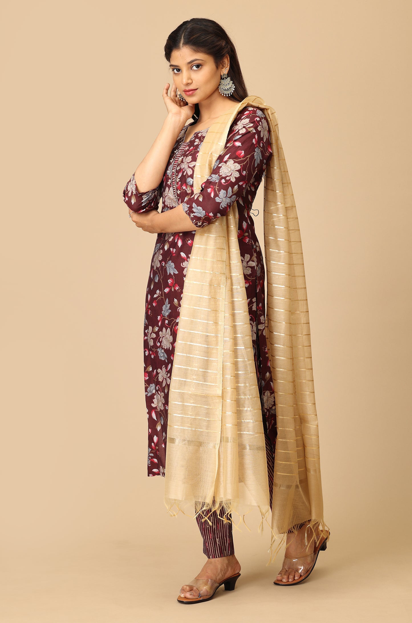 Wine Modal Printed with Embroidery Kurti Set-2Pcs