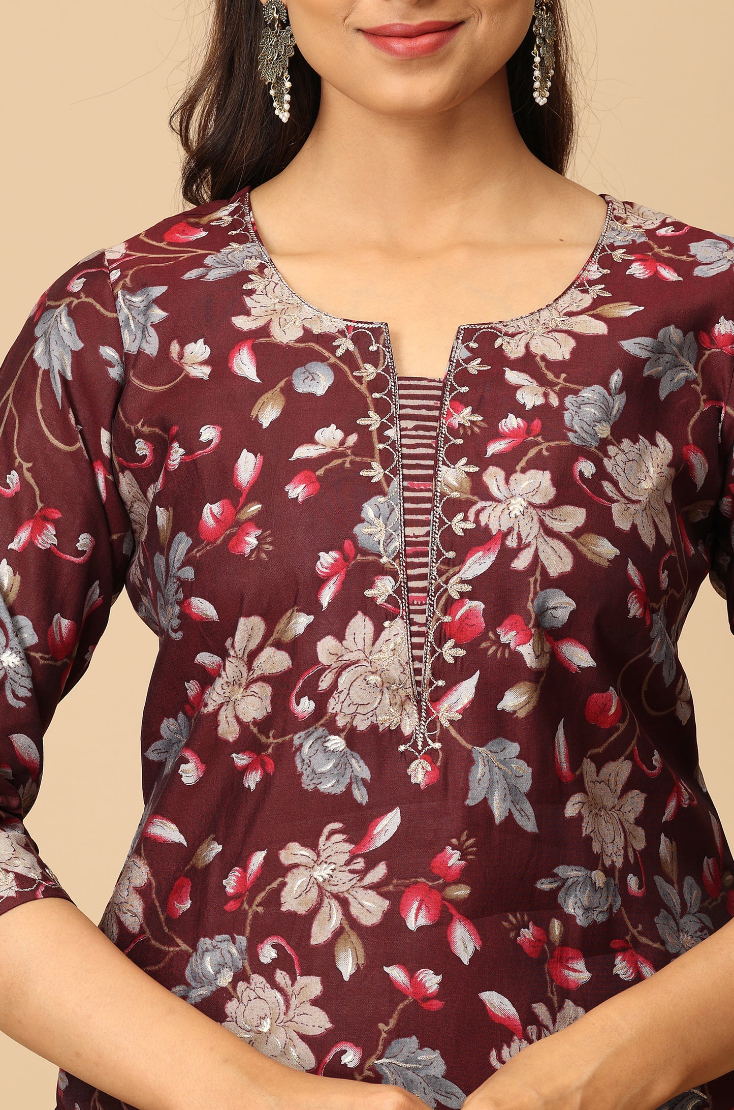 Wine Modal Printed with Embroidery Kurti Set-2Pcs