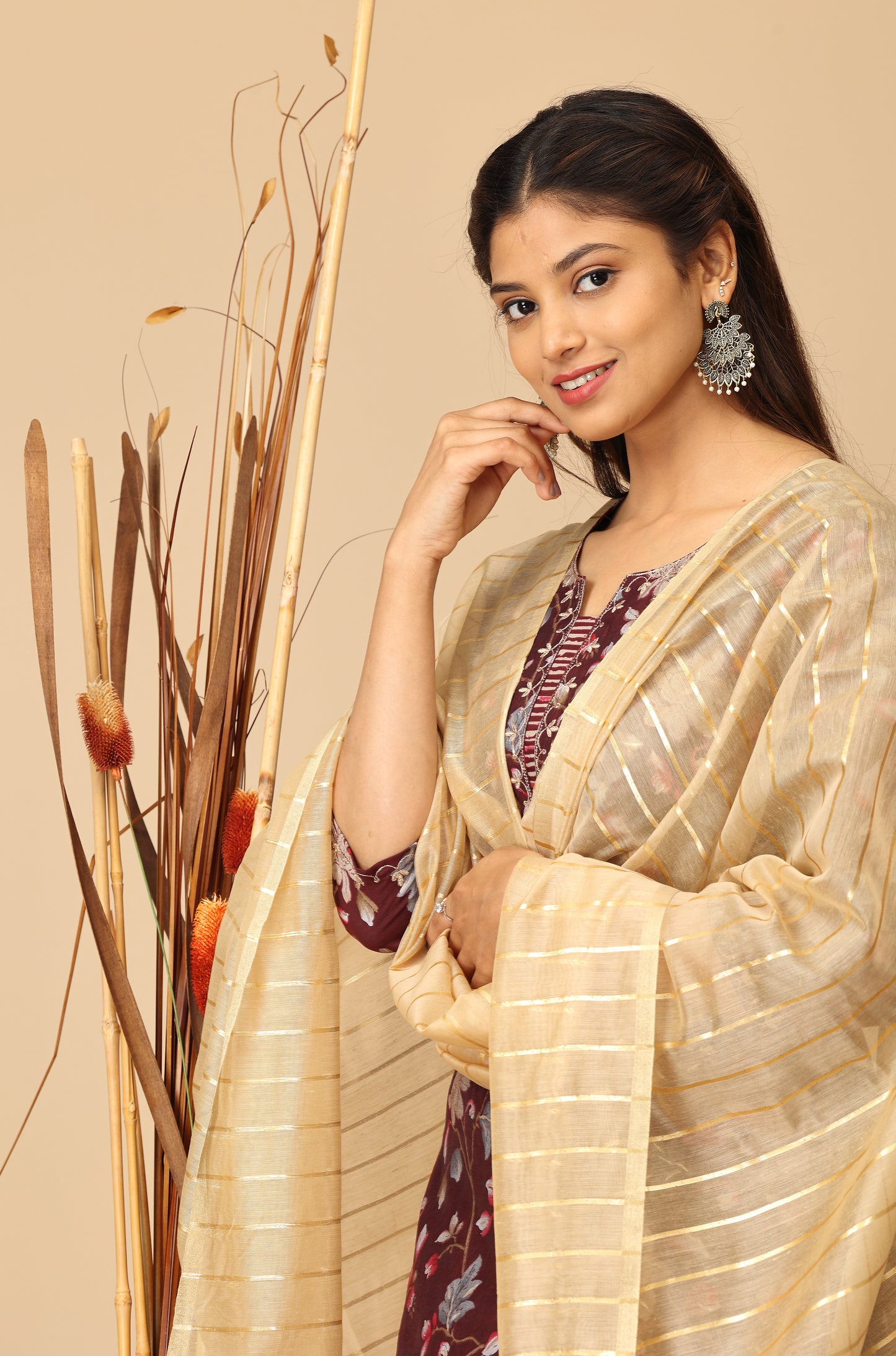Wine Modal Printed with Embroidery Kurti Set-2Pcs