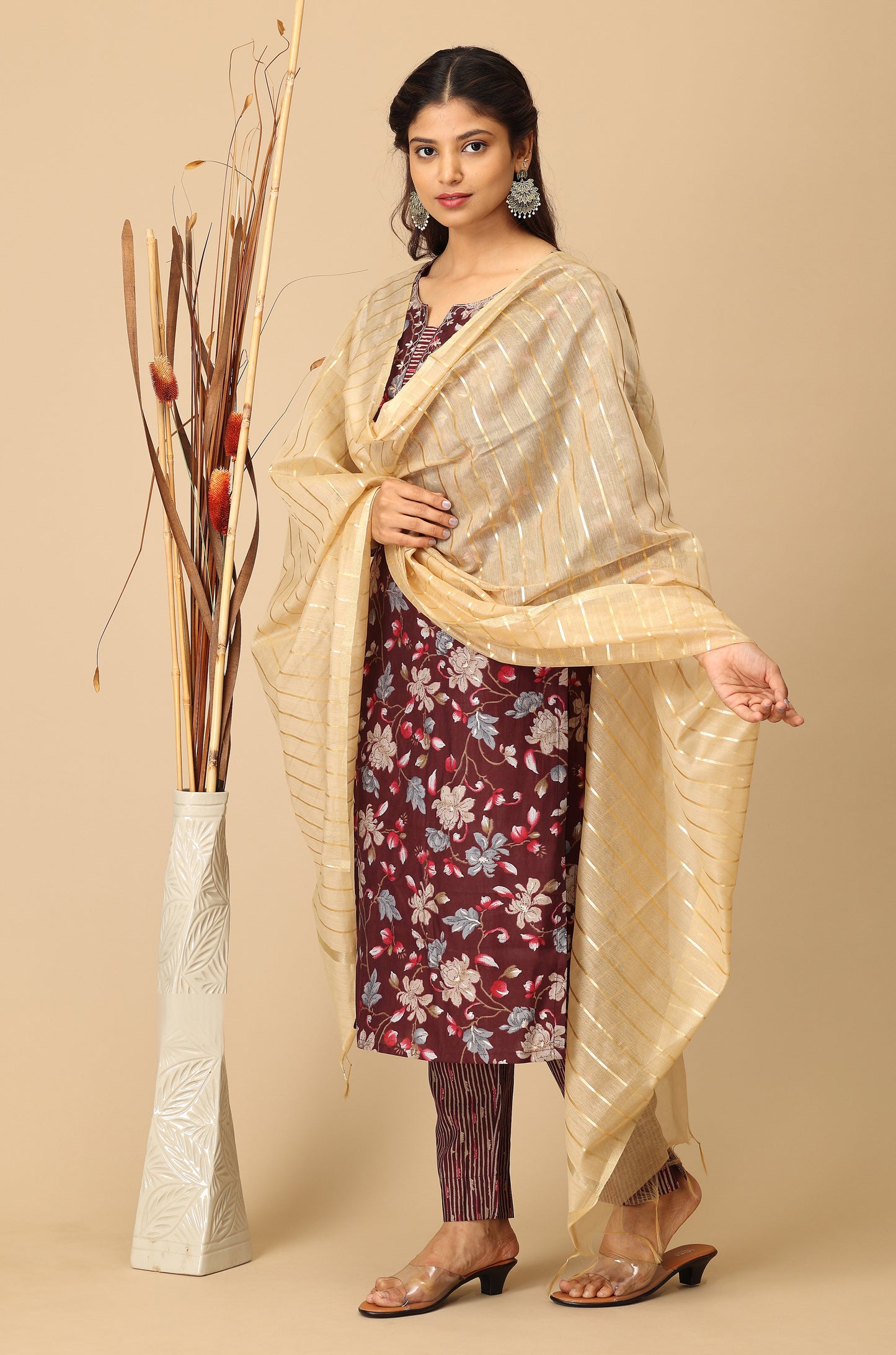 Wine Modal Printed with Embroidery Kurti Set-2Pcs