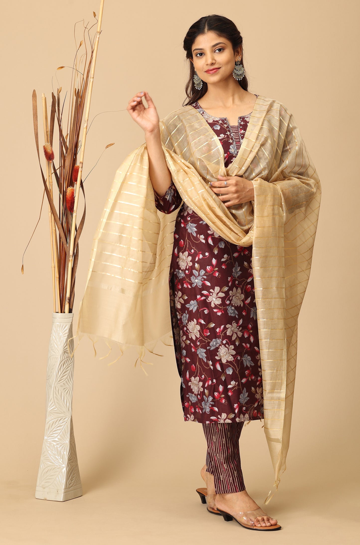 Wine Modal Printed with Embroidery Kurti Set-2Pcs